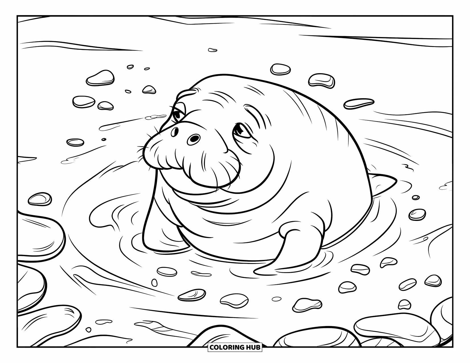Manatee Coloring Page for Kids: Gentle manatee floats with sea glass and pebbles around