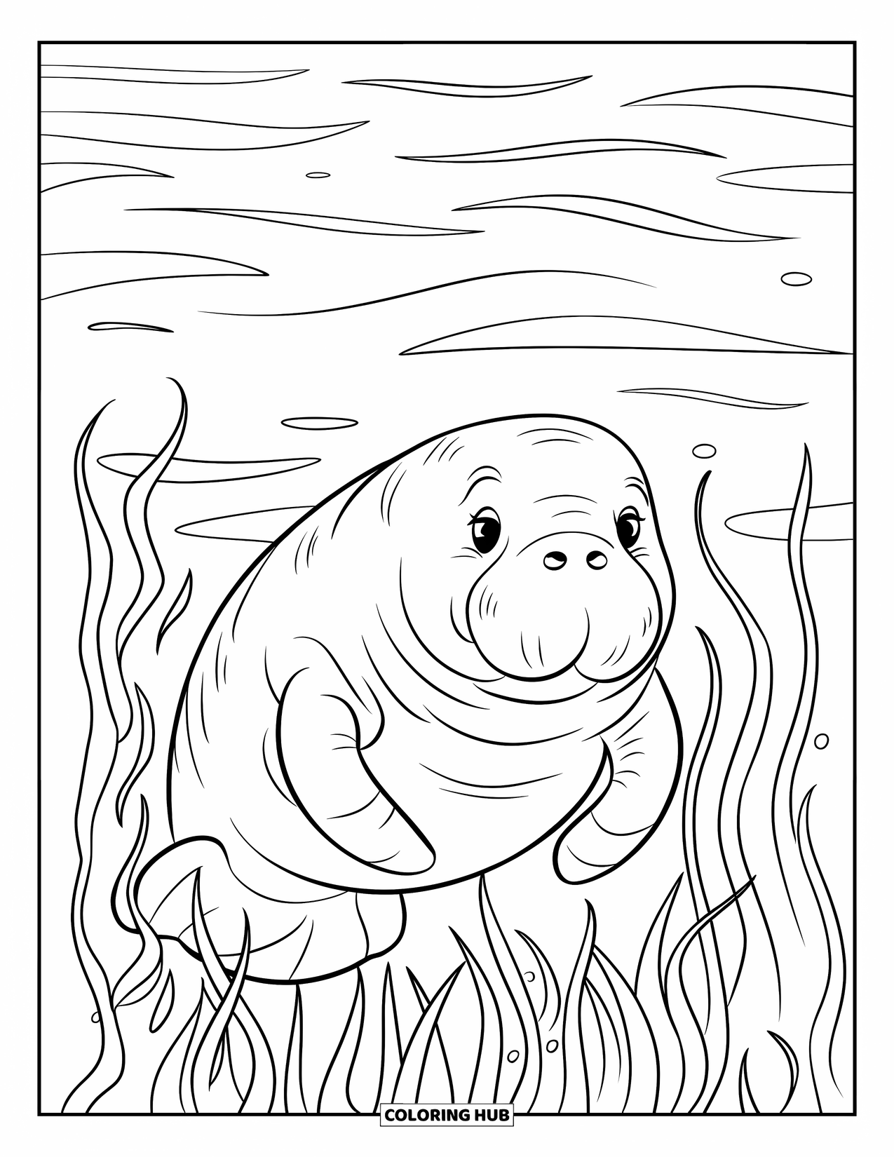 Manatee Coloring Page for Kids: Gentle manatee glides through calm sea grass and soft waves