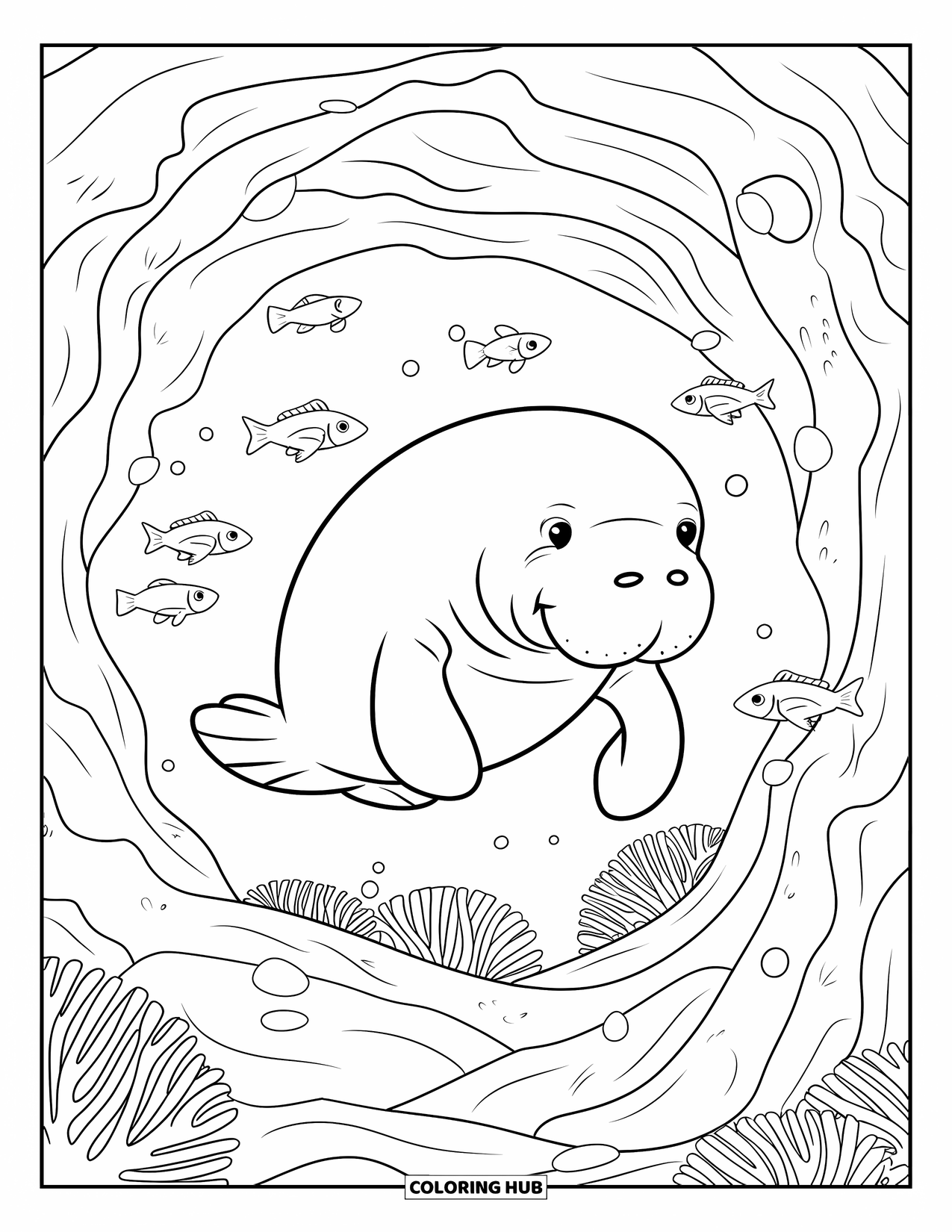Manatee Coloring Page for Kids: Gentle manatee swims through winding coral tunnels with fish