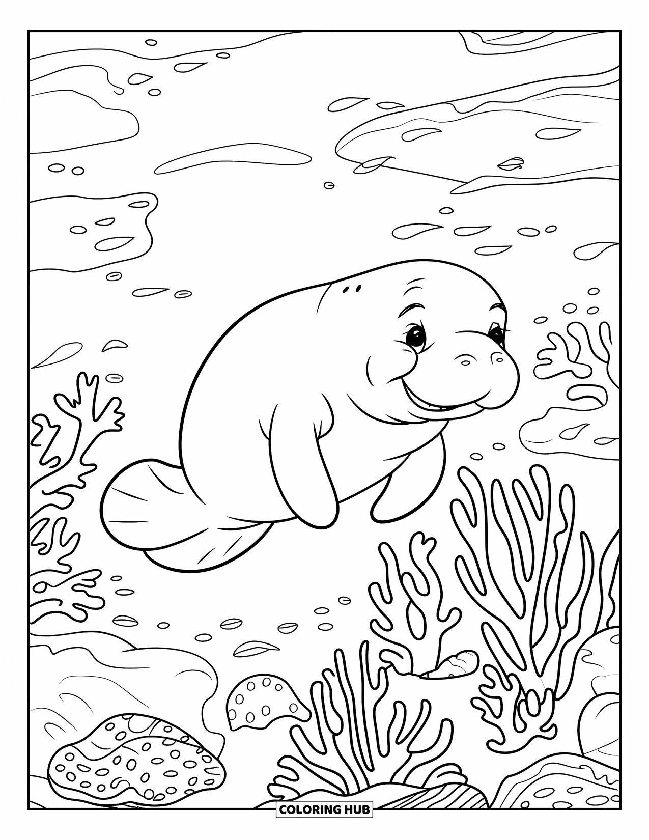 Manatee Coloring Page for Kids: Happy manatee swims near coral with shells and seaweed