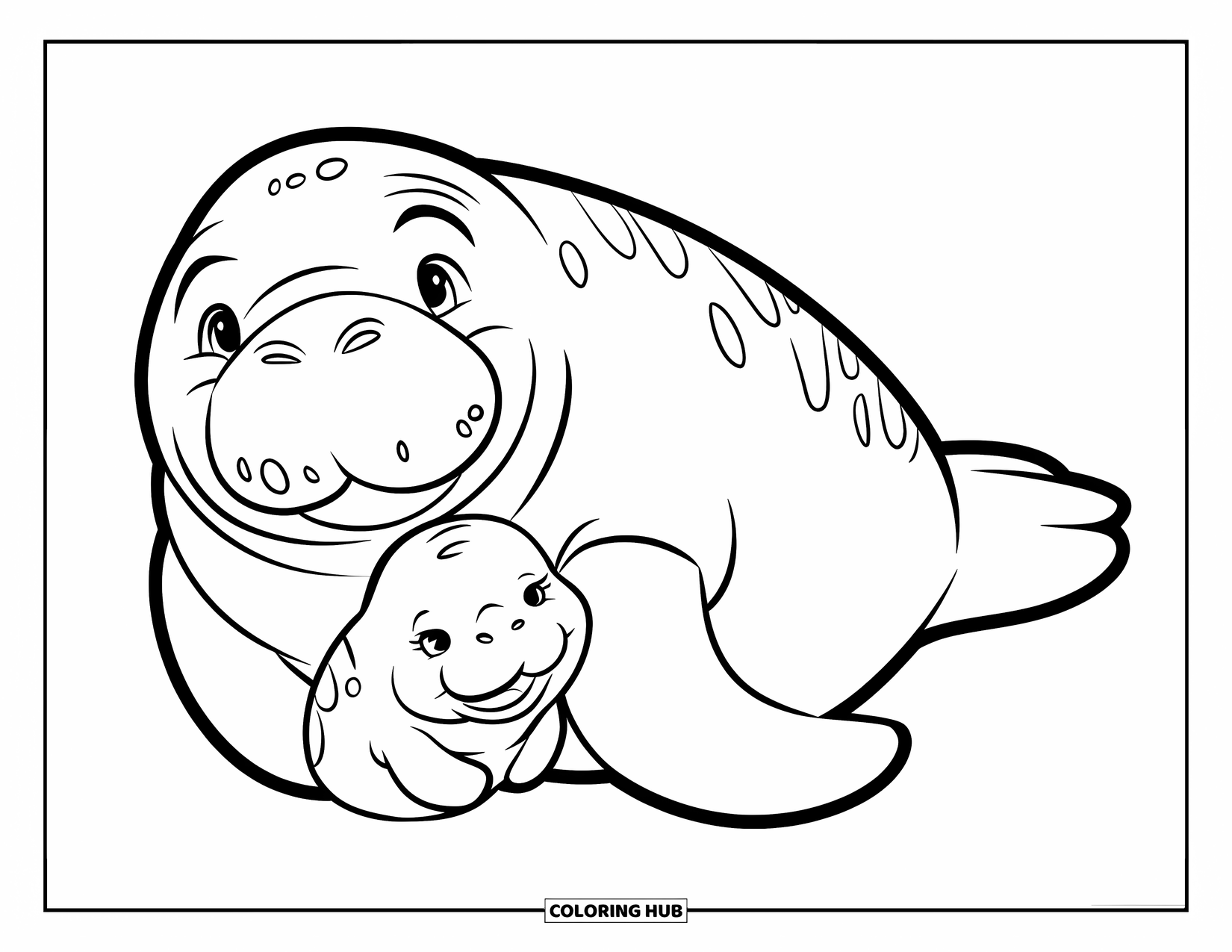 Manatee Coloring Page for Kids: Mama manatee cuddles her baby in calm waters
