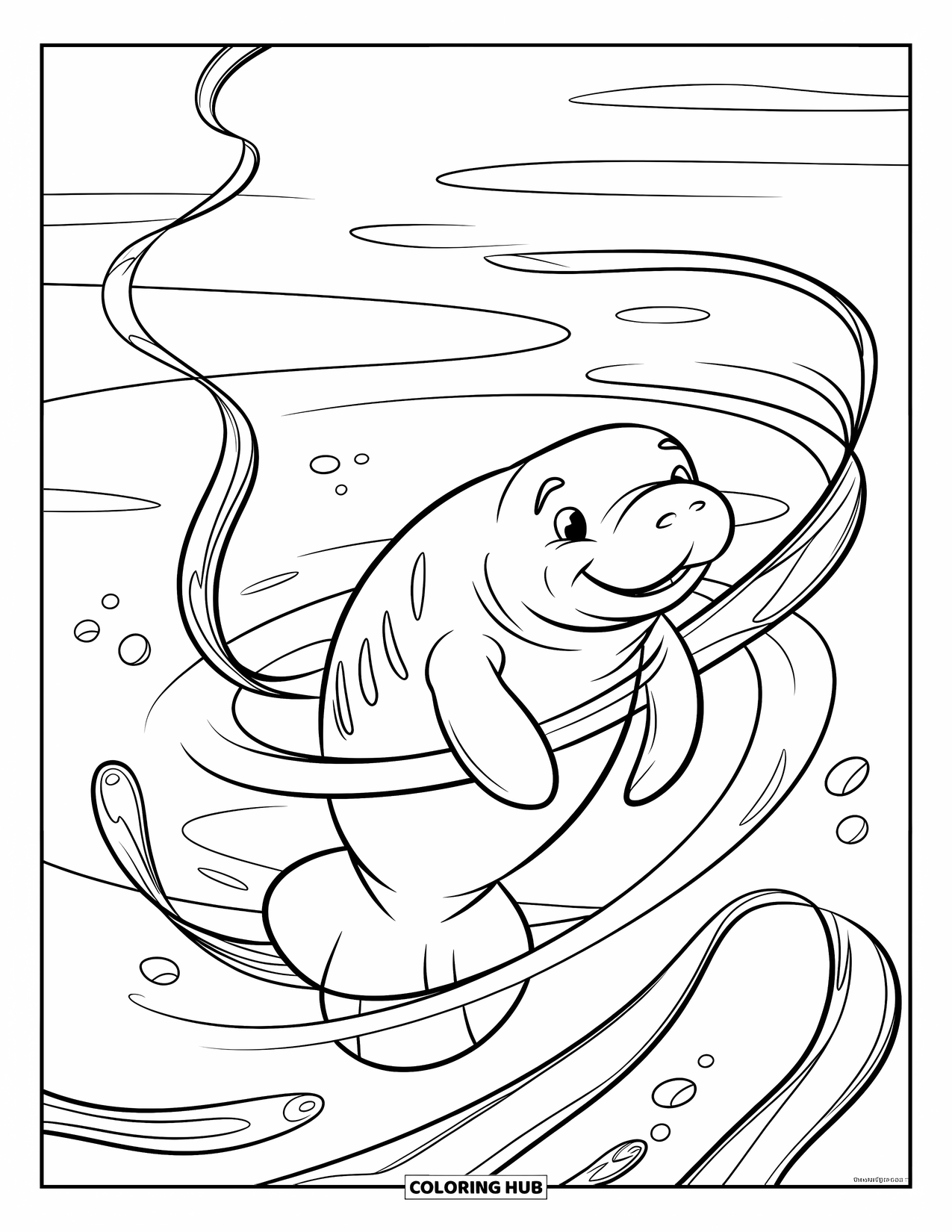 Manatee Coloring Page for Kids: Manatee arches with seaweed wrapping gently around