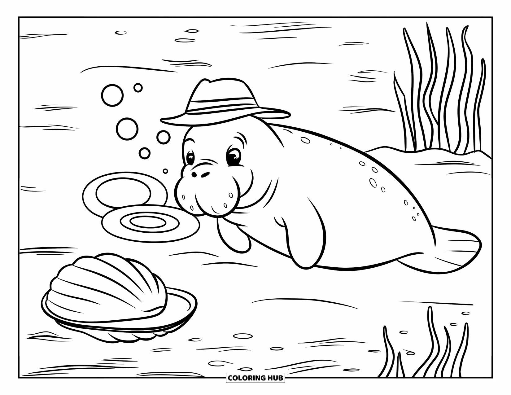 Manatee Coloring Page for Kids: Manatee blows bubbles beside a shell on sandy ocean floor