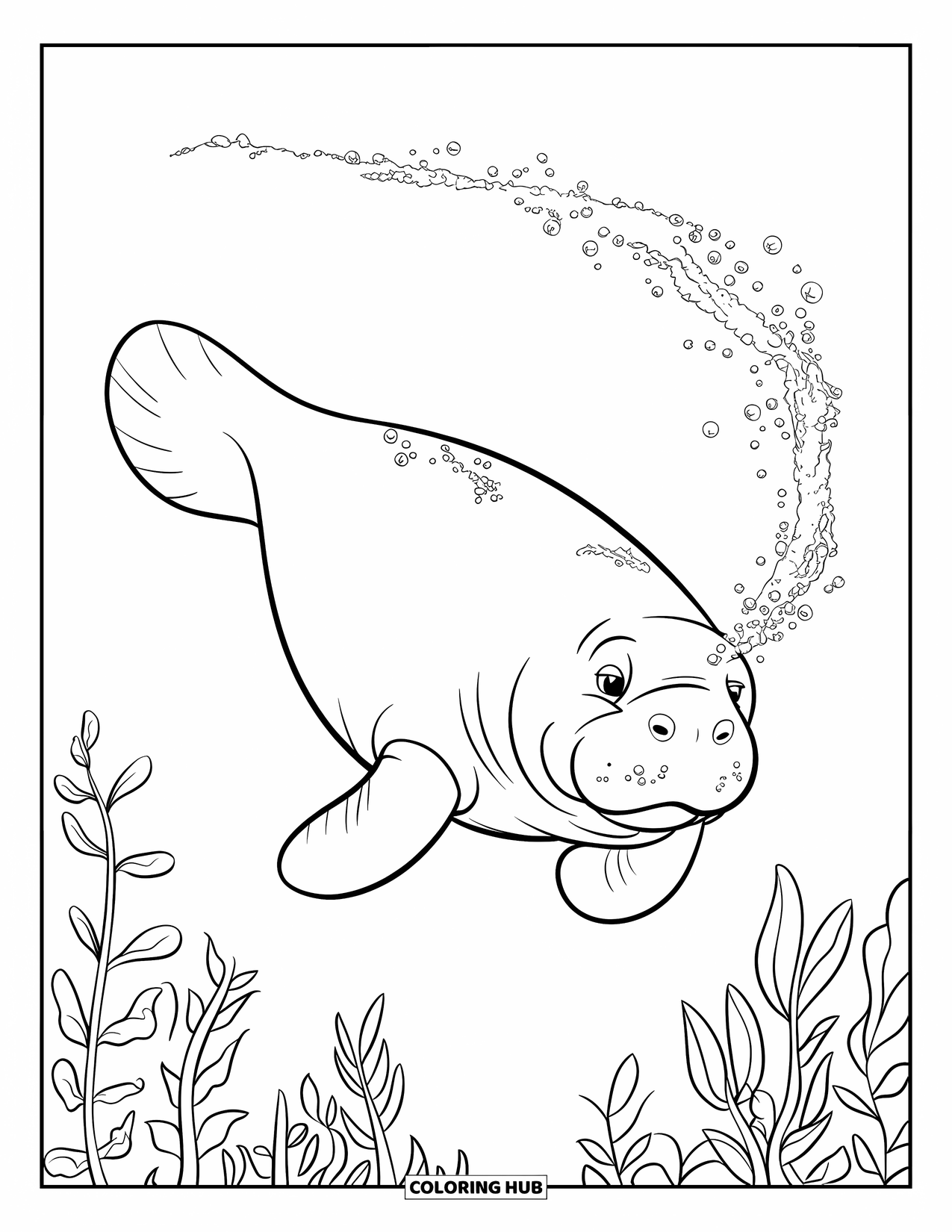 Manatee Coloring Page for Kids: Manatee flips gracefully with bubbles and water plants nearby