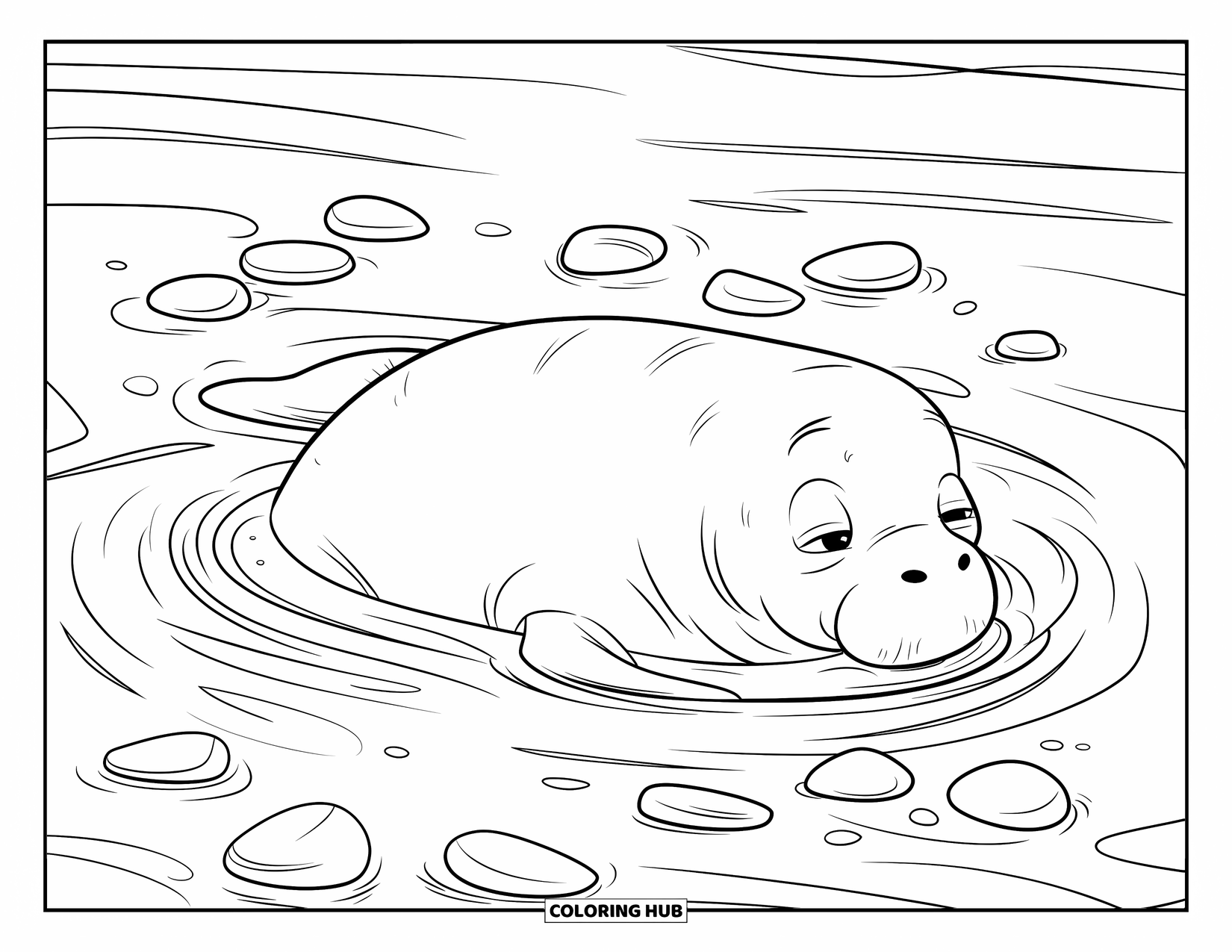 Manatee Coloring Page for Kids: Manatee floats on its back surrounded by sea glass and pebbles