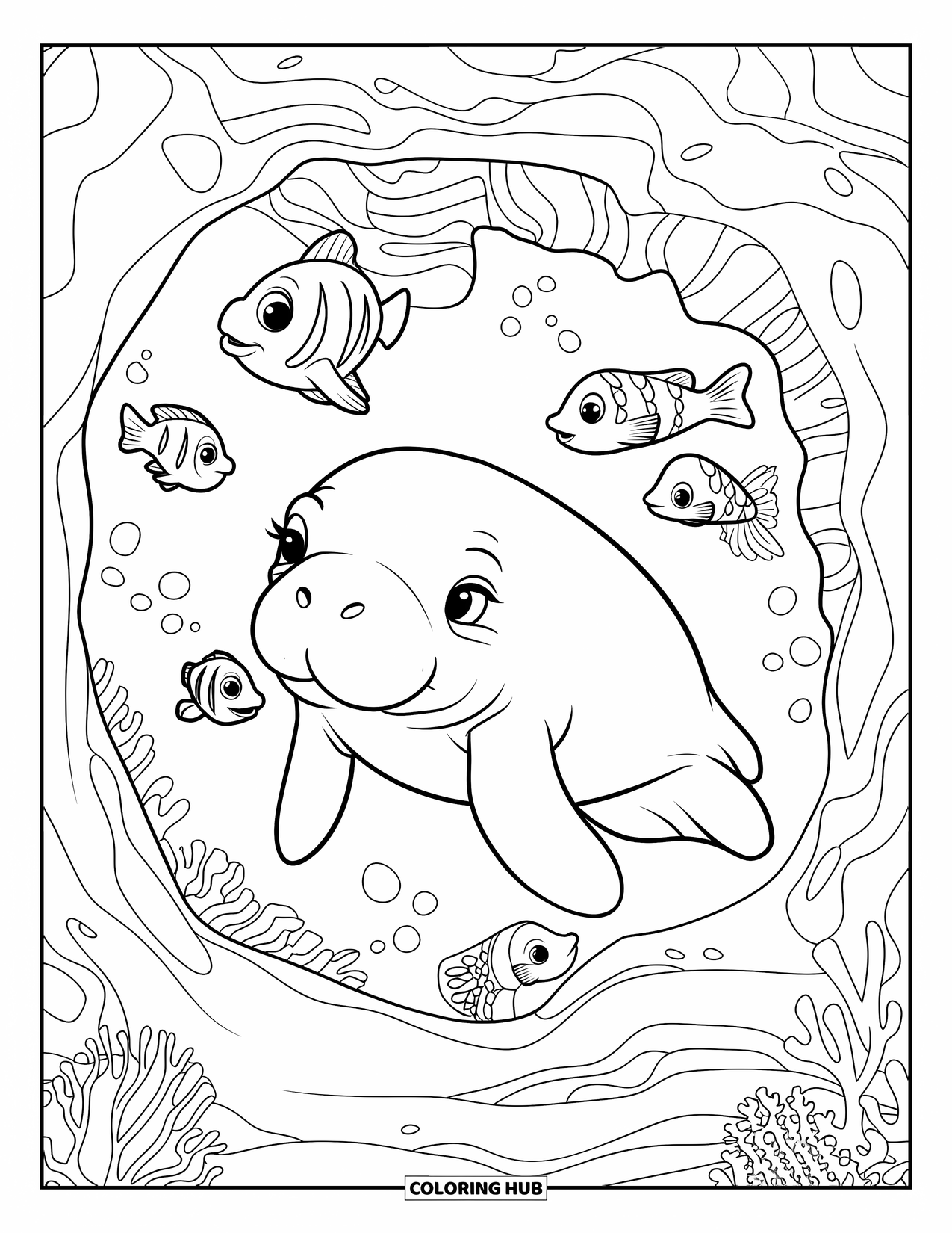 Manatee Coloring Page for Kids: Manatee glides through coral tunnels with colorful fish nearby