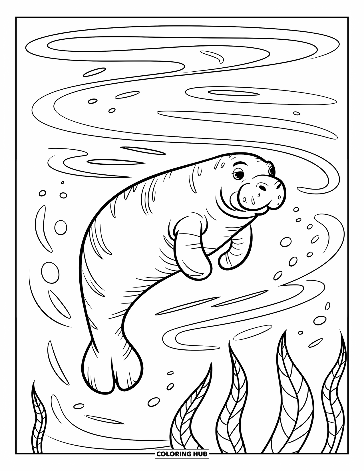 Manatee Coloring Page for Kids: Manatee glides through water currents and trailing seaweed