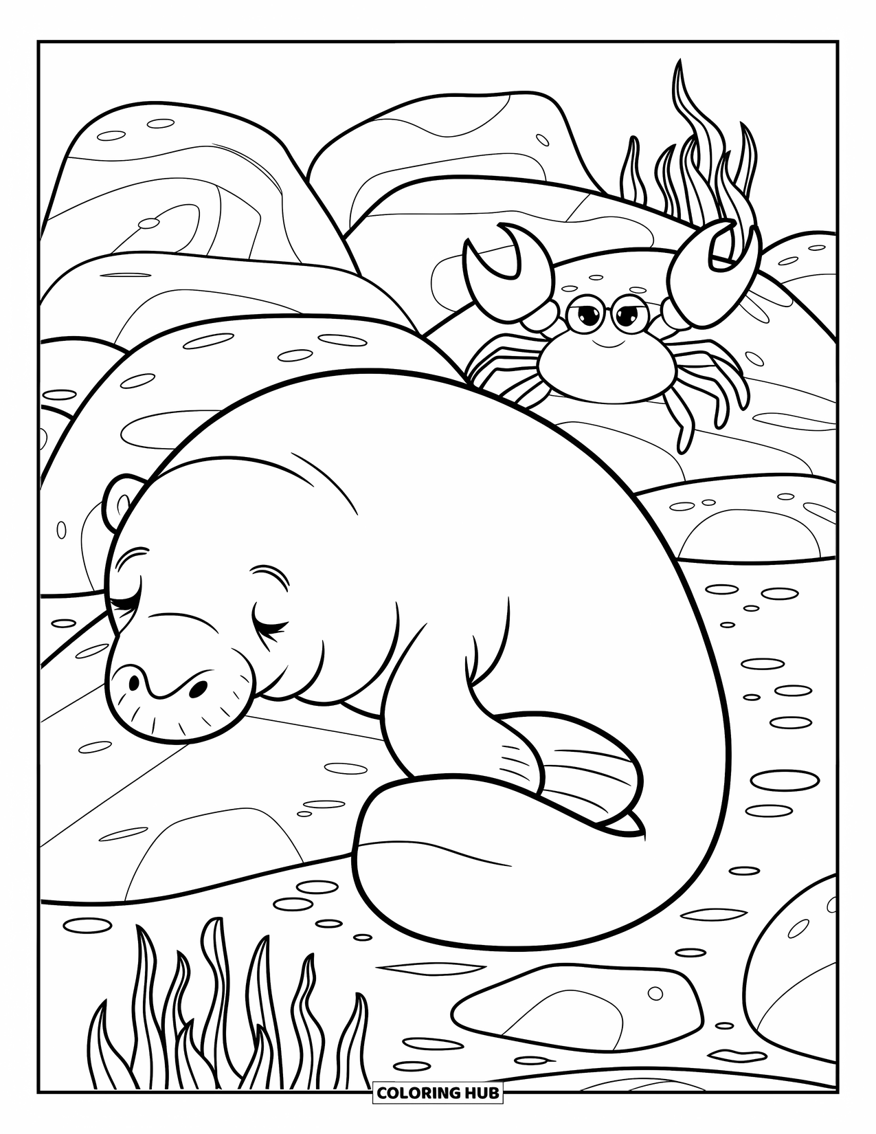 Manatee Coloring Page for Kids: Manatee naps near rocks with a crab peeking out
