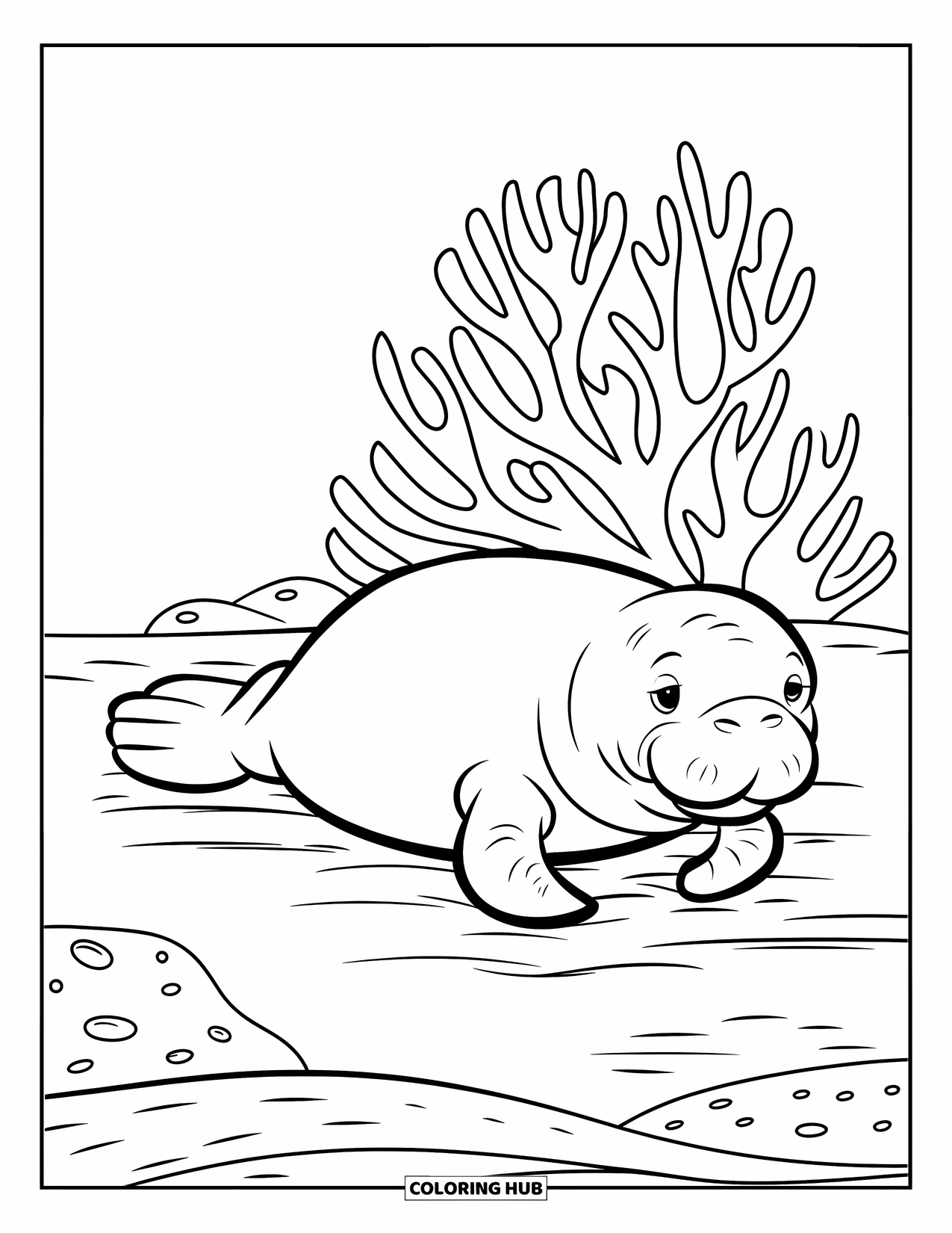 Manatee Coloring Page for Kids: Manatee rests peacefully on sandy sea floor near coral