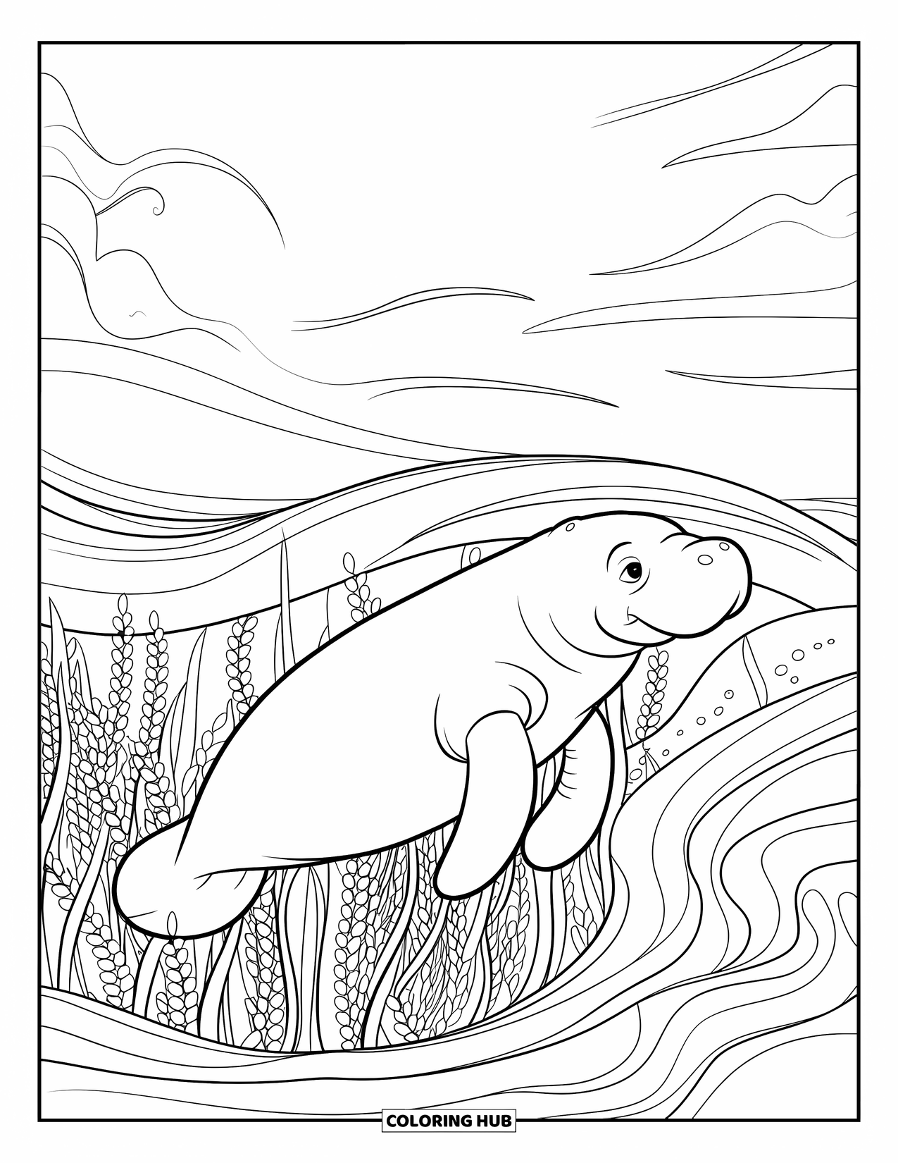 Manatee Coloring Page for Kids: Manatee swims calmly with sea grass and clouds all around
