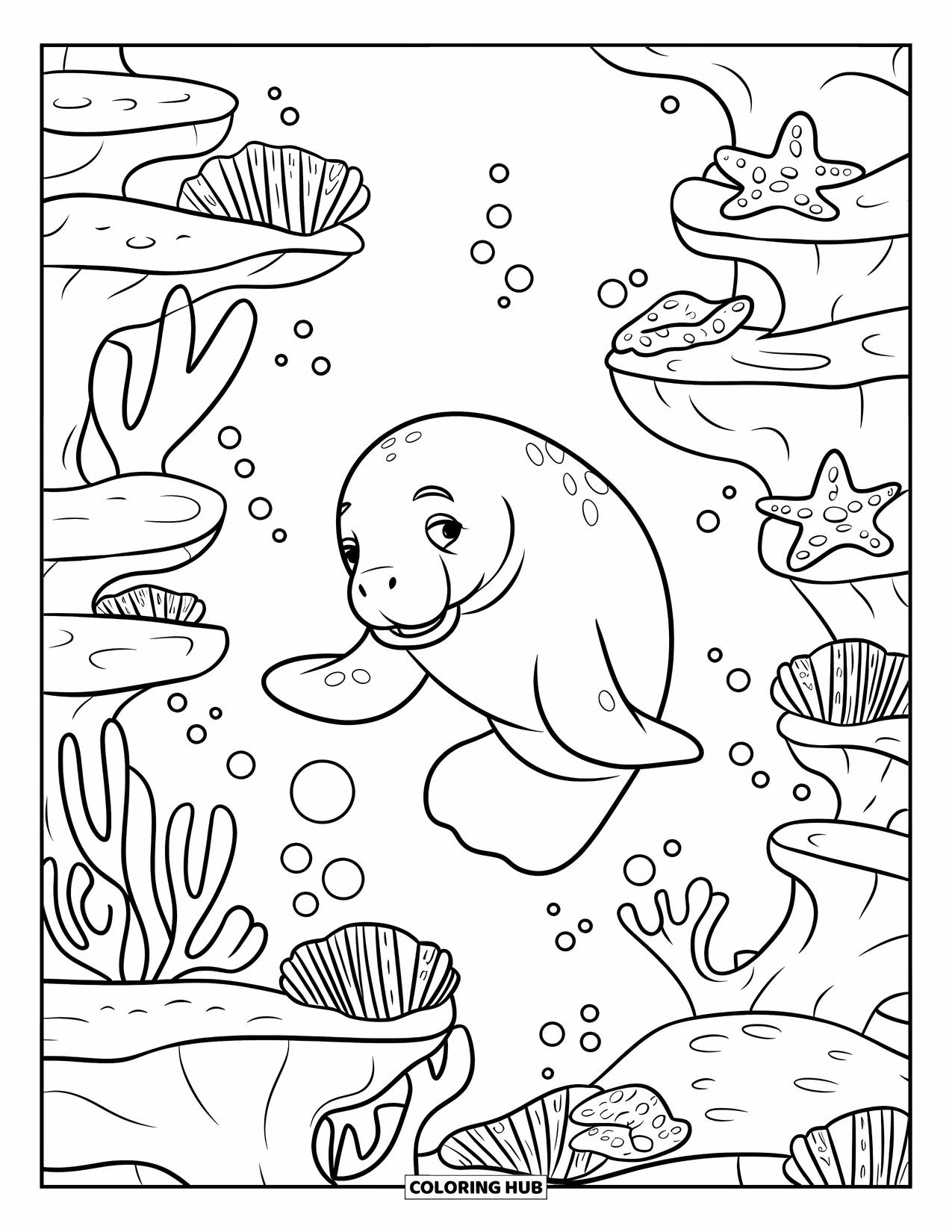 Manatee Coloring Page for Kids: Manatee swims past corals, shells, and little sea creatures