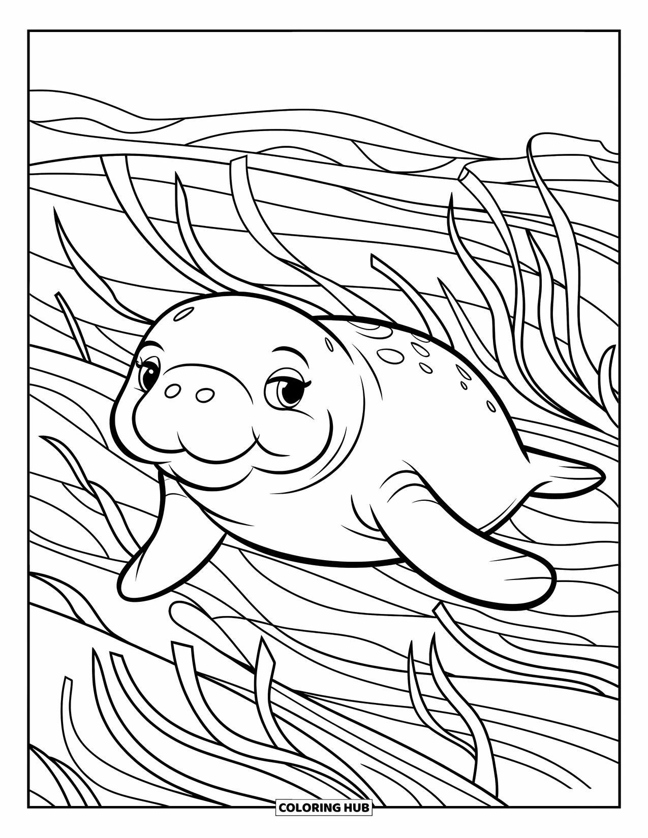 Manatee Coloring Page for Kids: Manatee swims through gentle waves and swaying sea grass