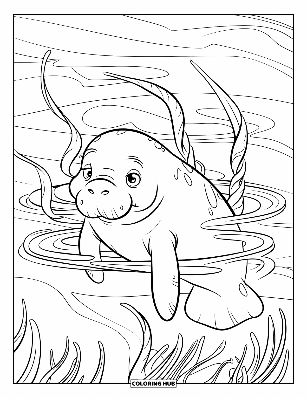 Manatee Coloring Page for Kids: Manatee swims with flowing seaweed and swirling water