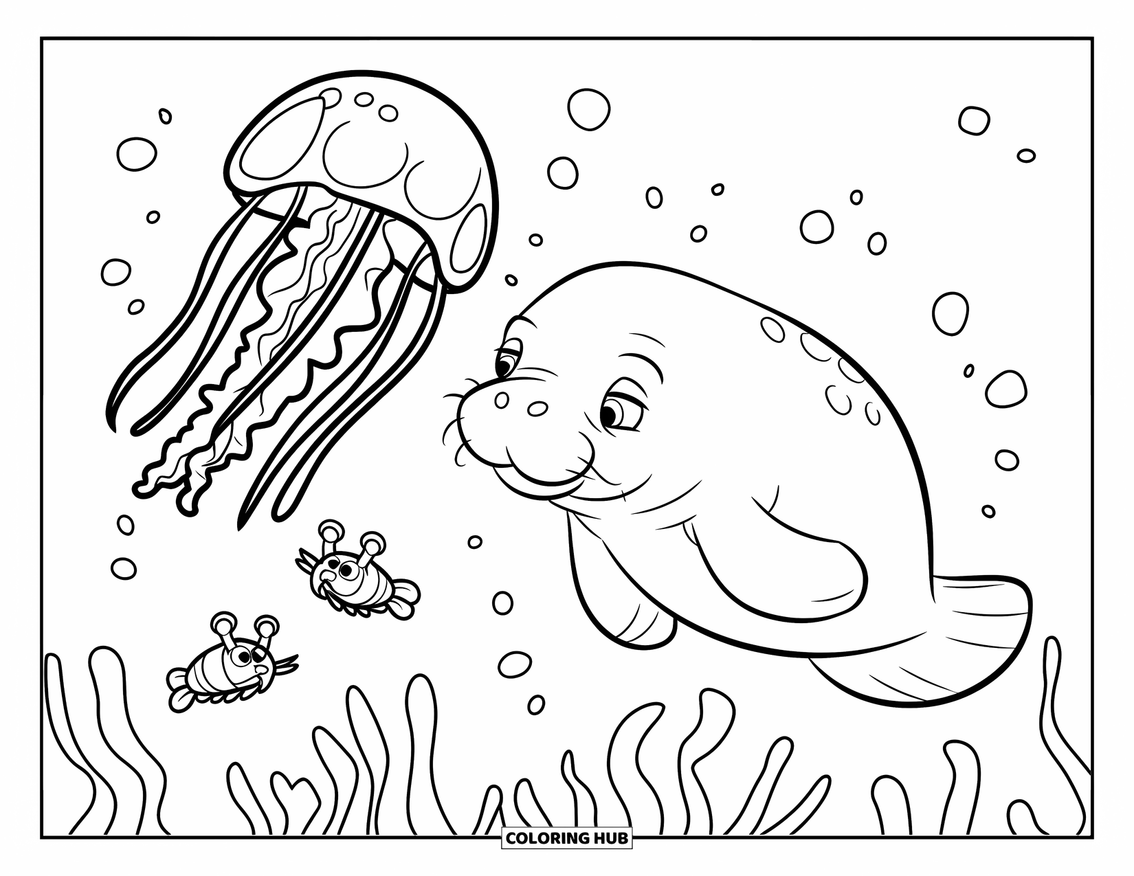 Manatee Coloring Page for Kids: Manatee watches jellyfish and shrimp float together in the sea