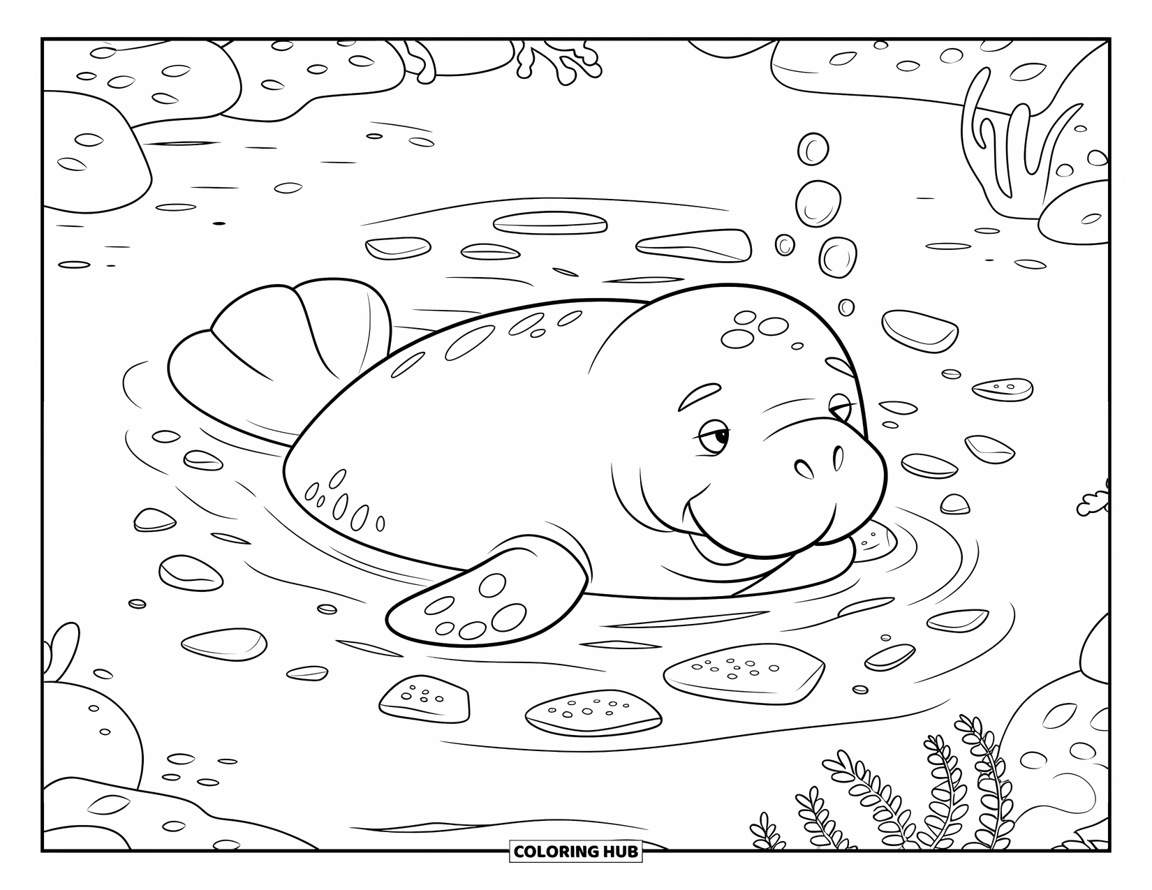 Manatee Coloring Page for Kids: Peaceful manatee drifts among sea glass, pebbles, and bubbles