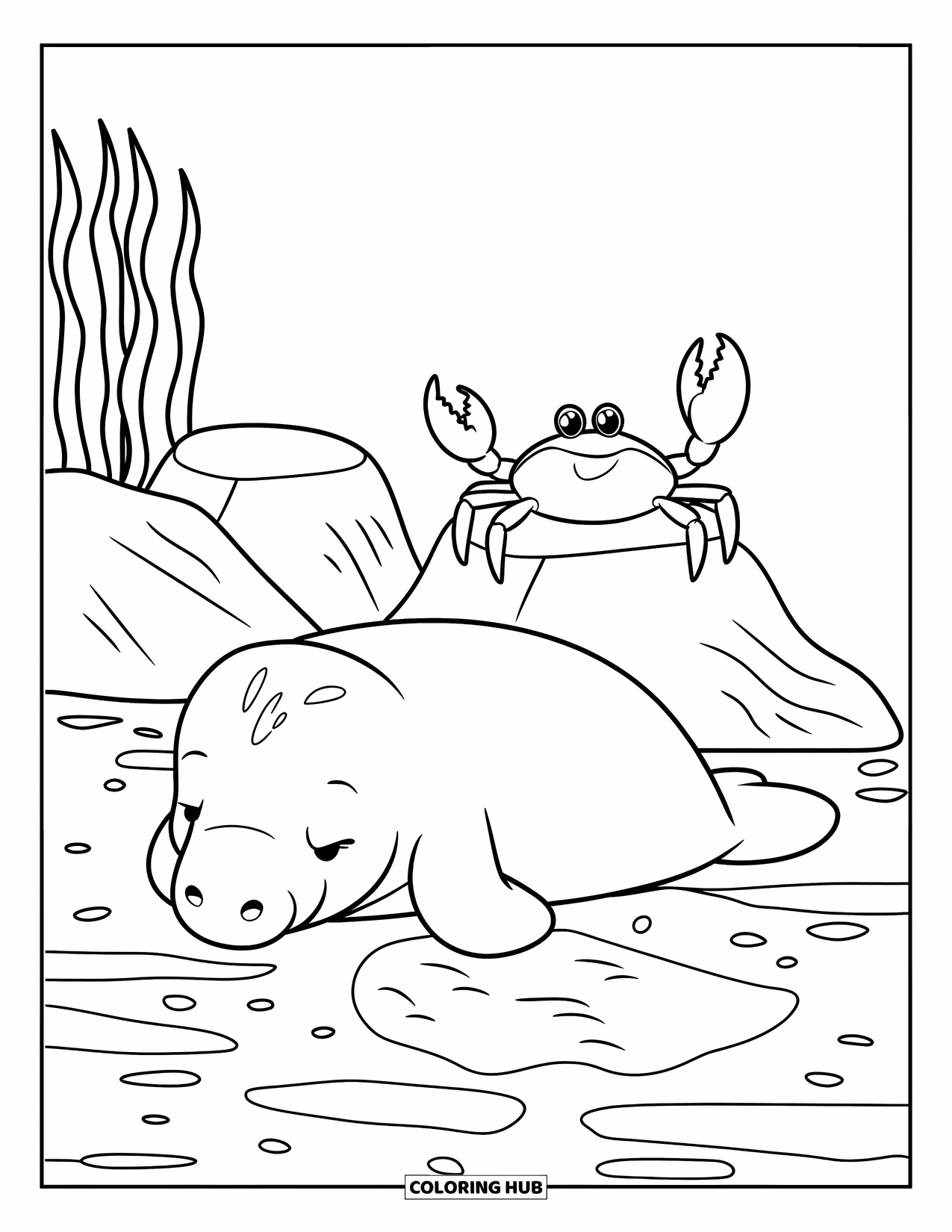 Manatee Coloring Page for Kids: Resting manatee naps as a crab peeks from behind rocks