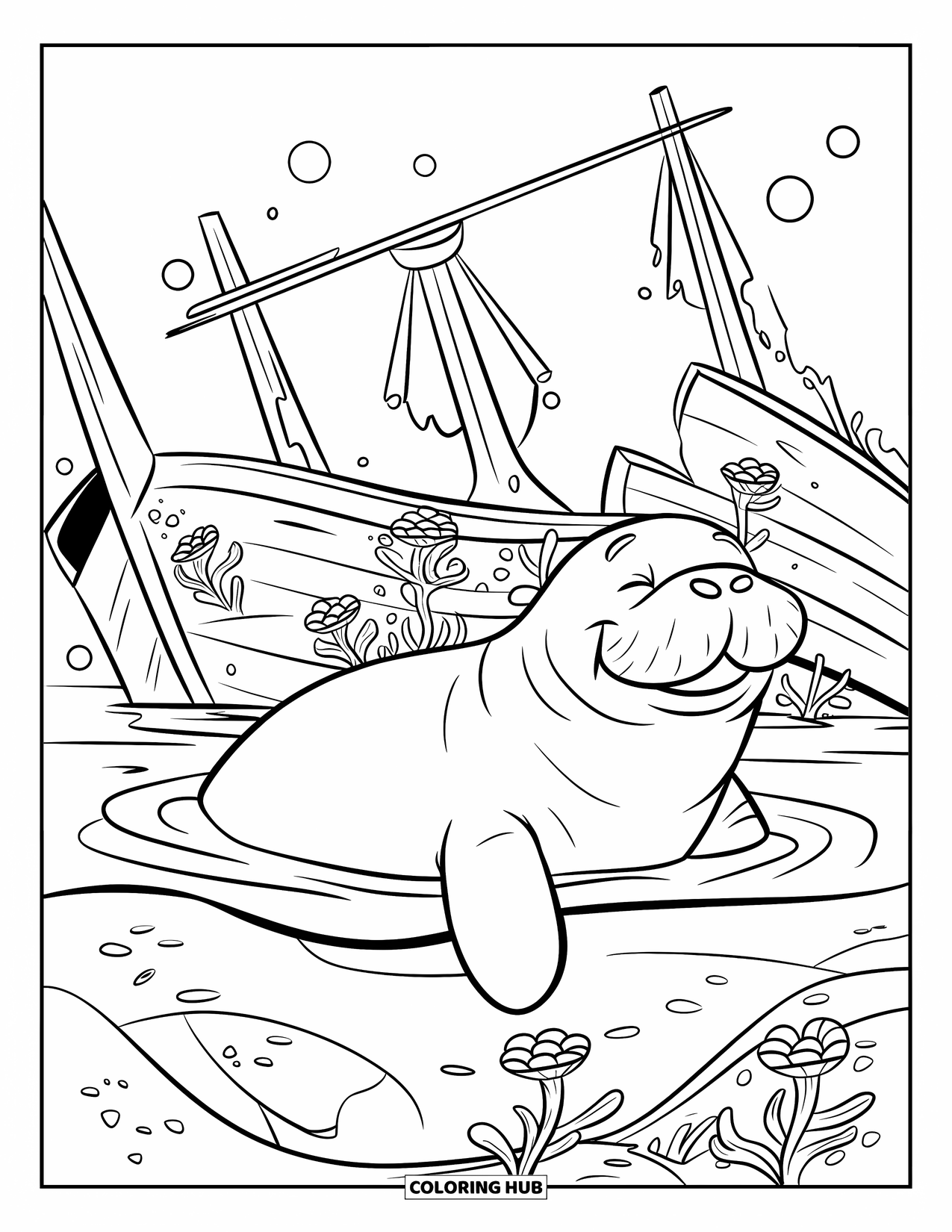 Manatee Coloring Page for Kids: Smiling manatee drifts near a shipwreck covered in sea plants