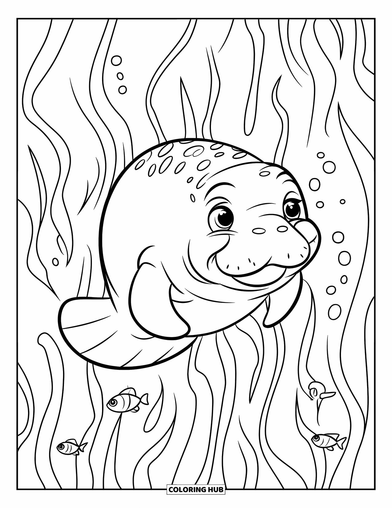 Manatee Coloring Page for Kids: Smiling manatee glides above sea grass and tiny fish