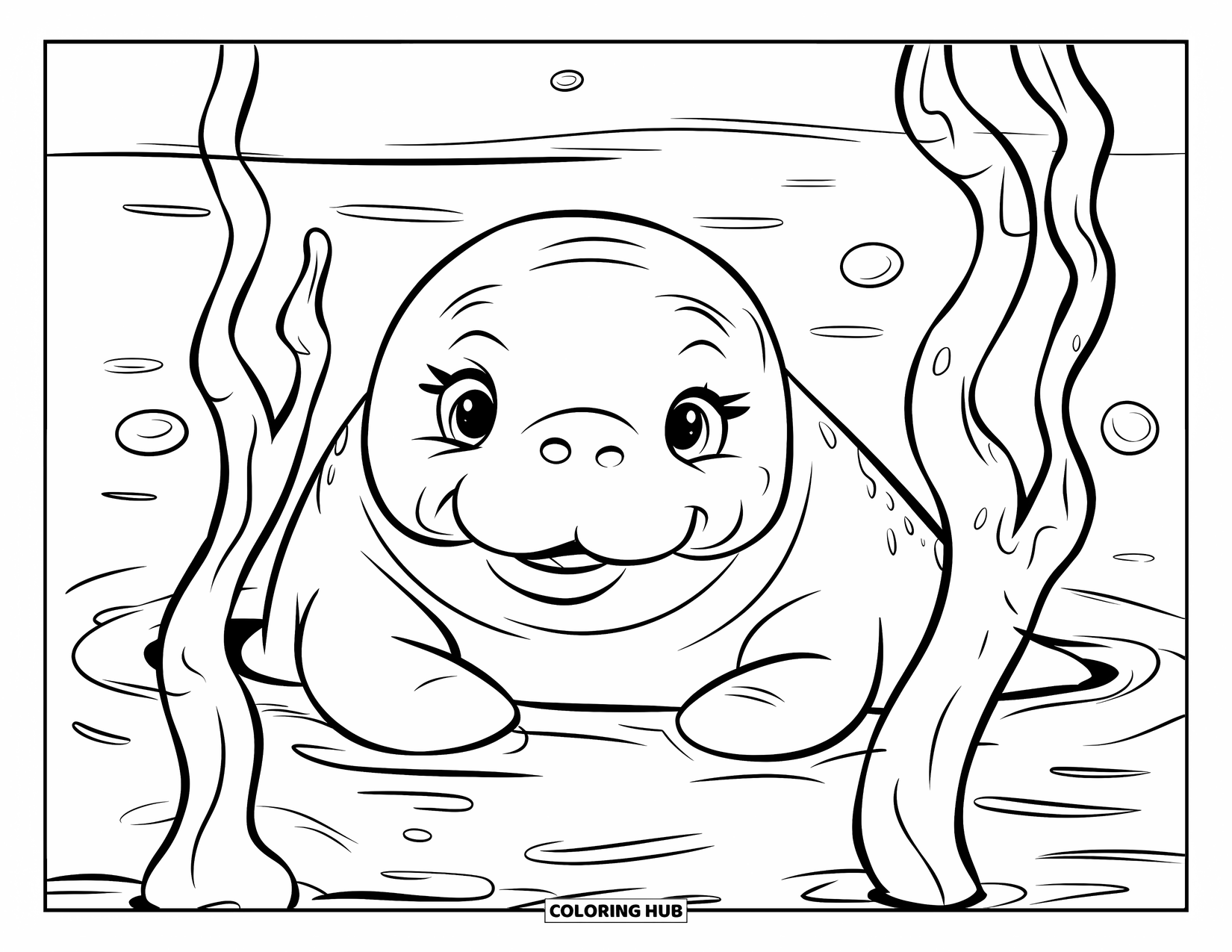 Manatee Coloring Page for Kids: Smiling manatee hides behind curly seaweed with bubbles nearby