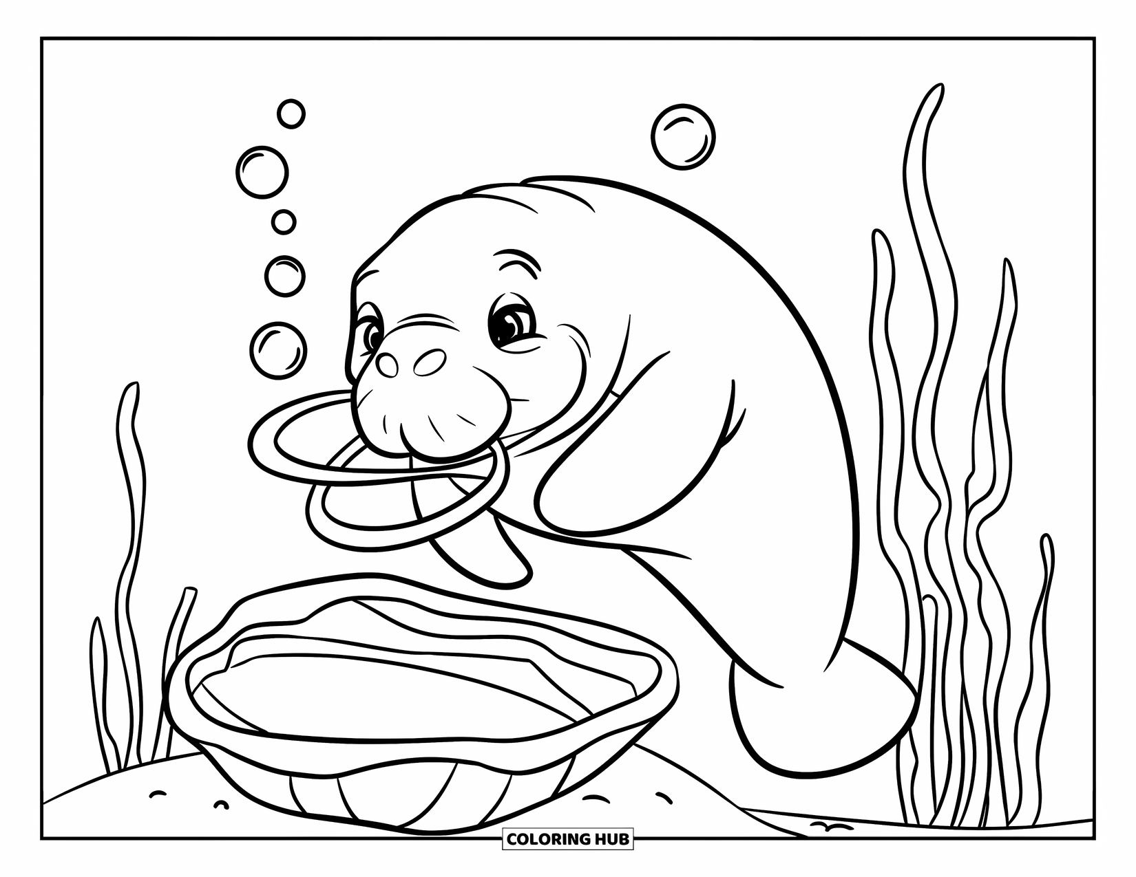Manatee Coloring Page for Kids: Smiling manatee makes bubble rings next to a shell