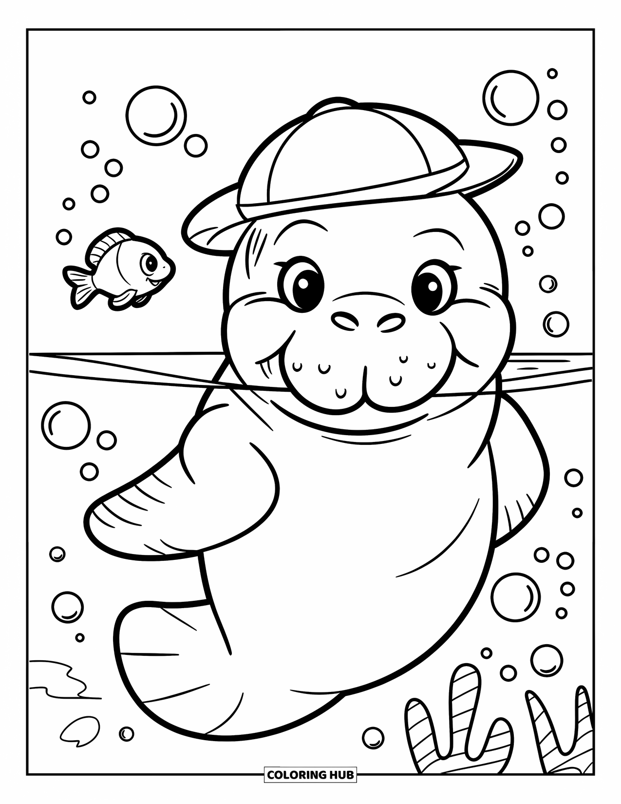 Manatee Coloring Page for Kids: Smiling manatee wearing a hat blows bubbles by a fish