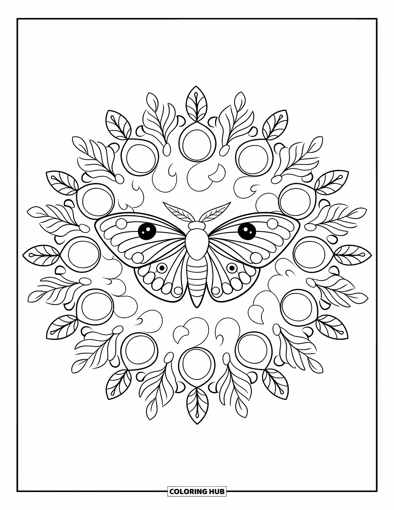 Moth Coloring Page for Adults: A circular mandala of moons and leaves surrounds a centered Luna moth