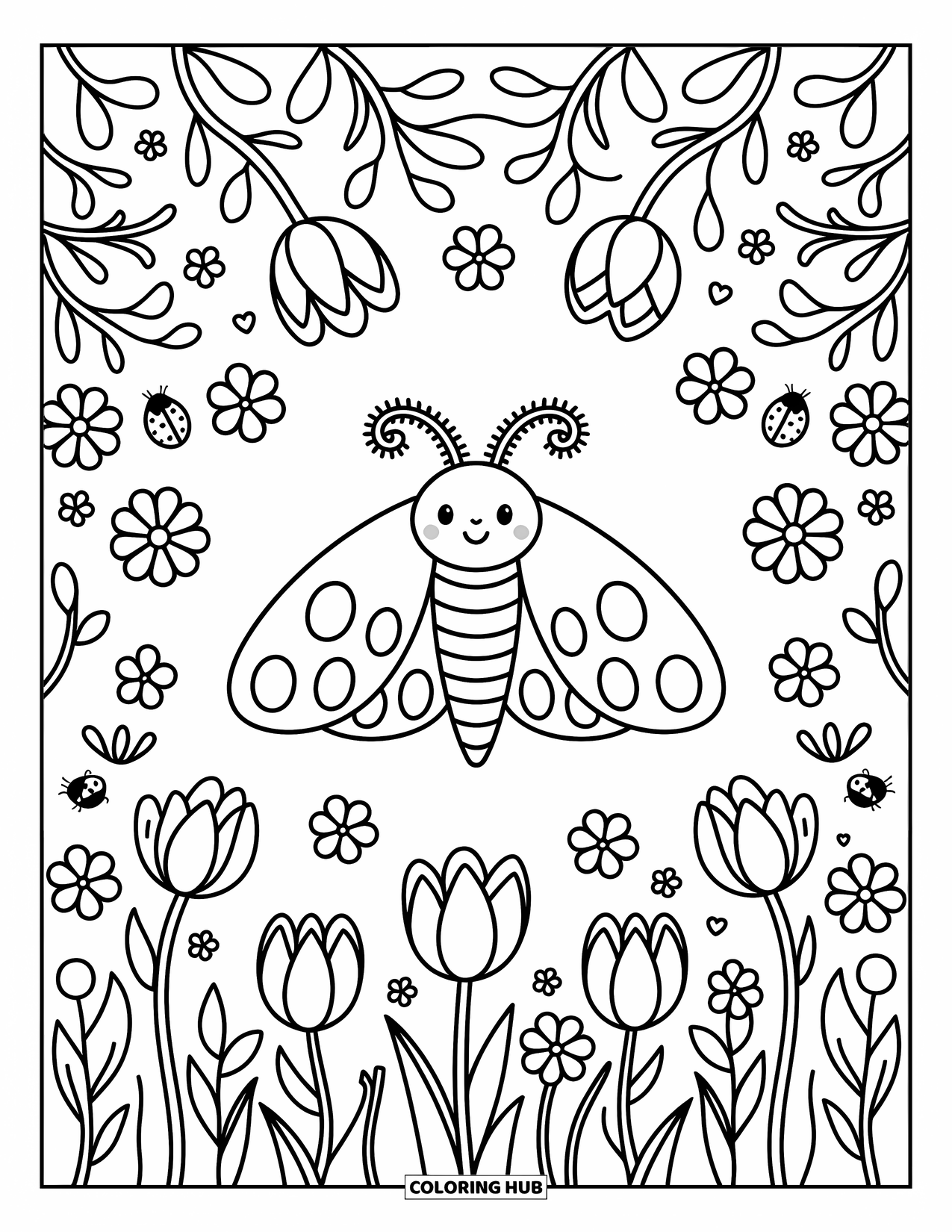 Moth Coloring Page for Adults: A curled-up moth relaxes among flowers, ladybugs, and fluttering petals