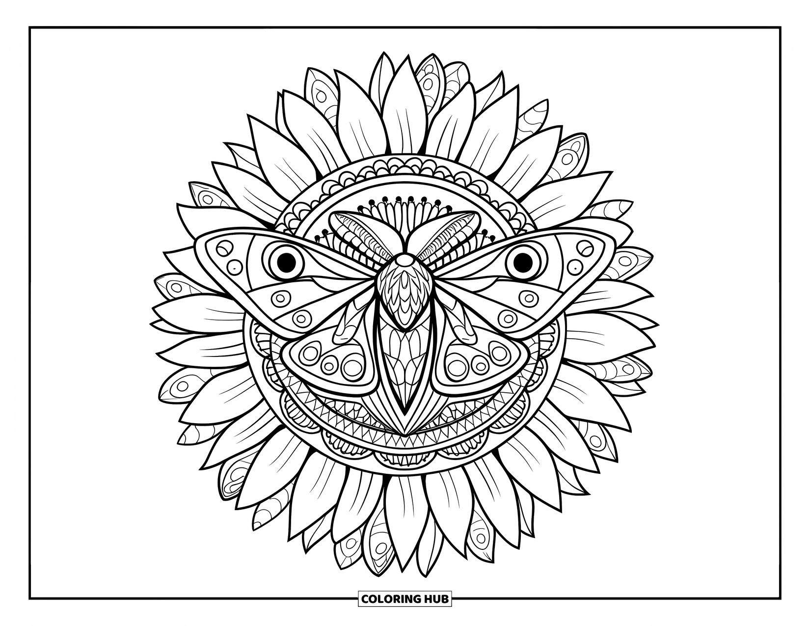 Moth Coloring Page for Adults: A detailed sunflower mandala holds a moth at its center on a clean white background