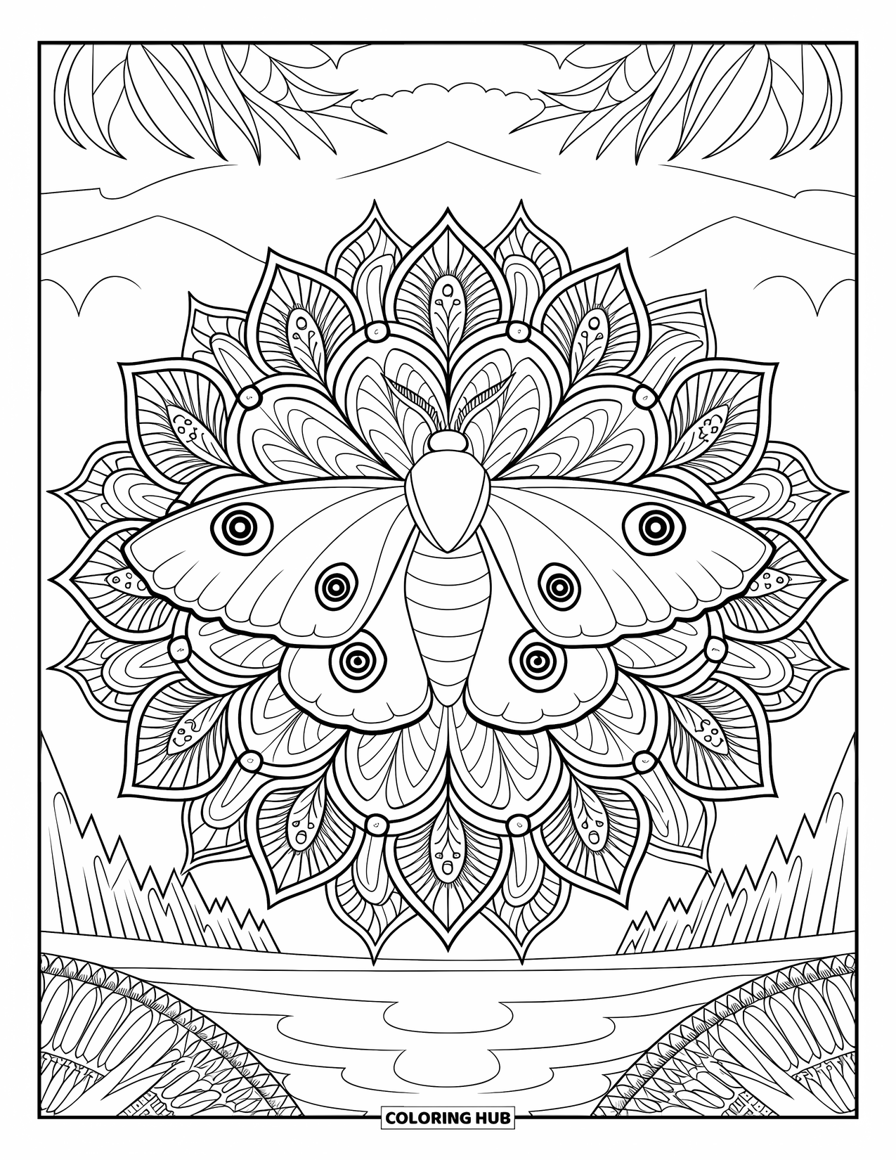 Moth Coloring Page for Adults: A large moth rests in a leafy mandala with mountains and water in the distance