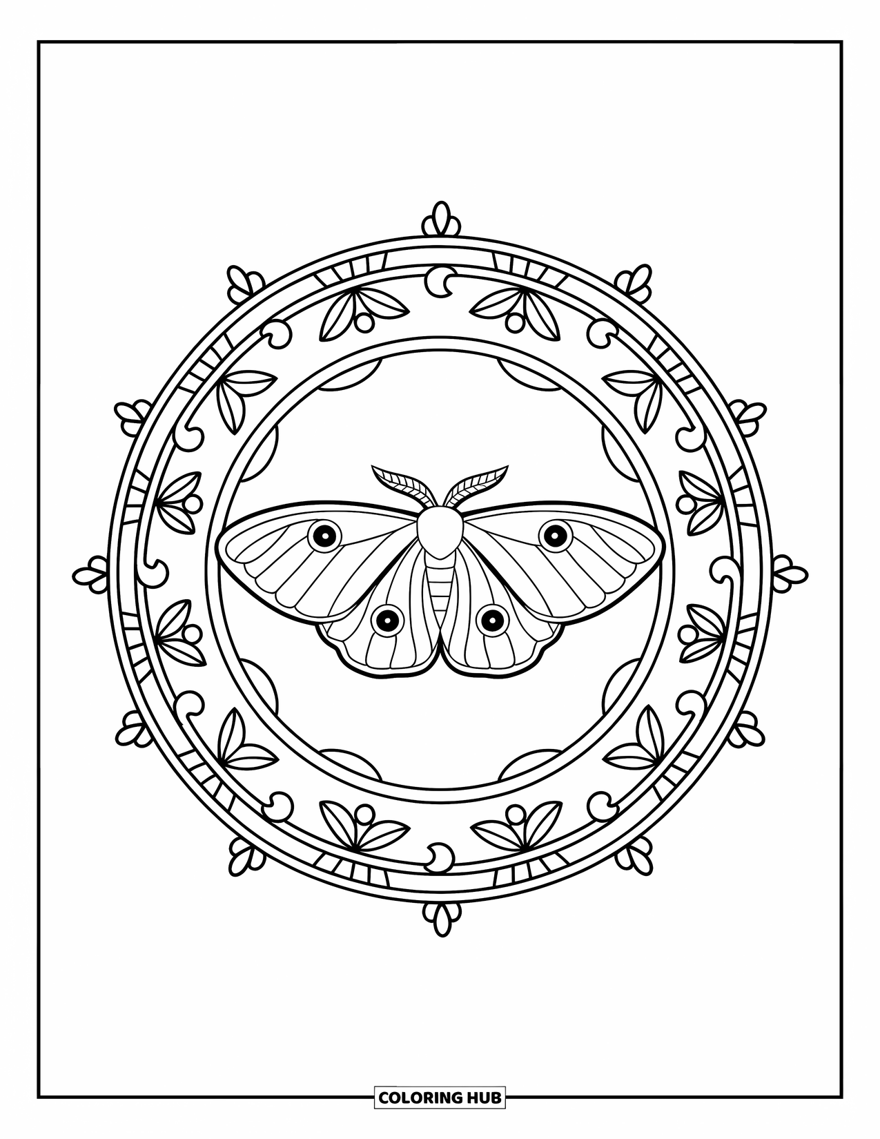 Moth Coloring Page for Adults: A Luna moth rests in a floral mandala with soft moons and leafy details