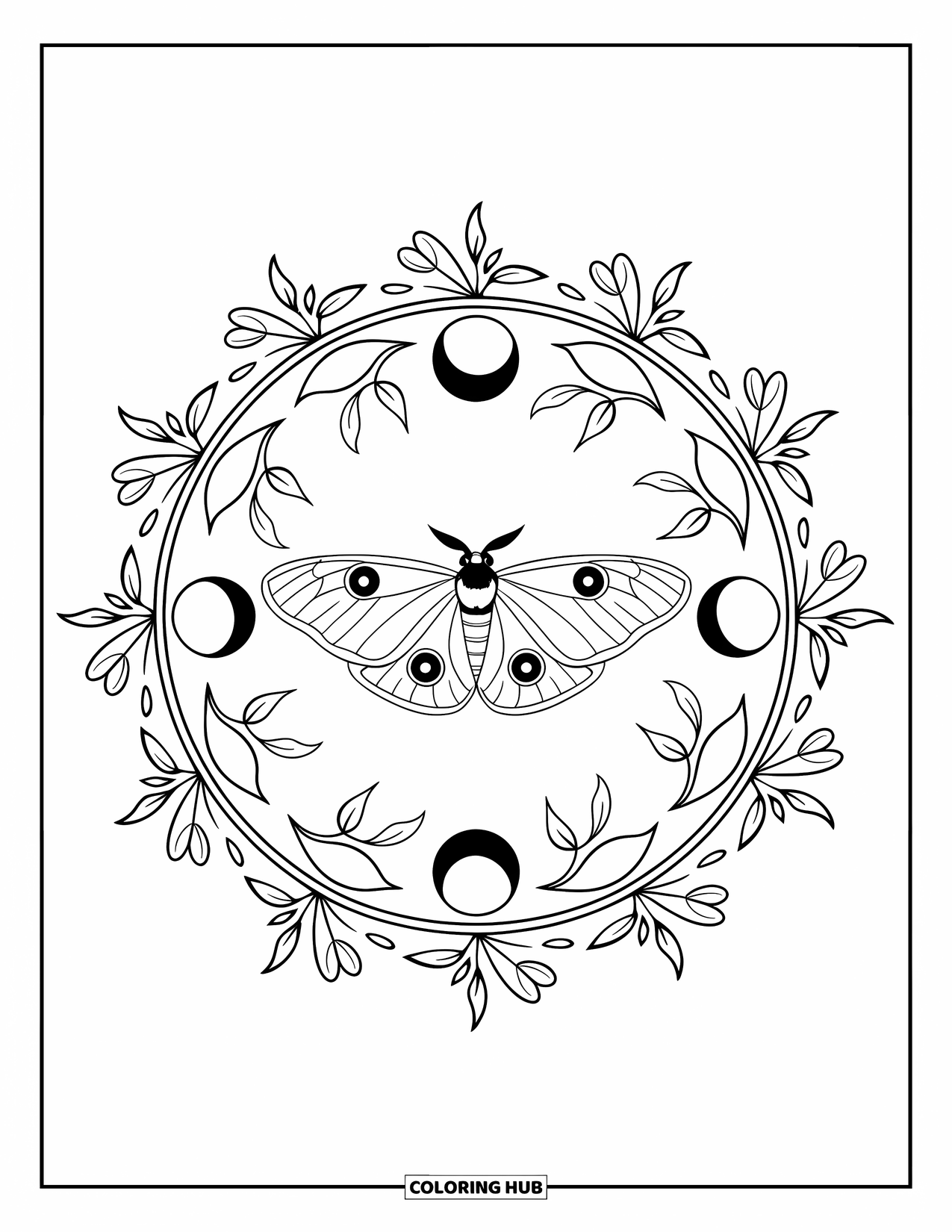 Moth Coloring Page for Adults: A Luna moth sits at the center of a floral mandala with leaves and moons
