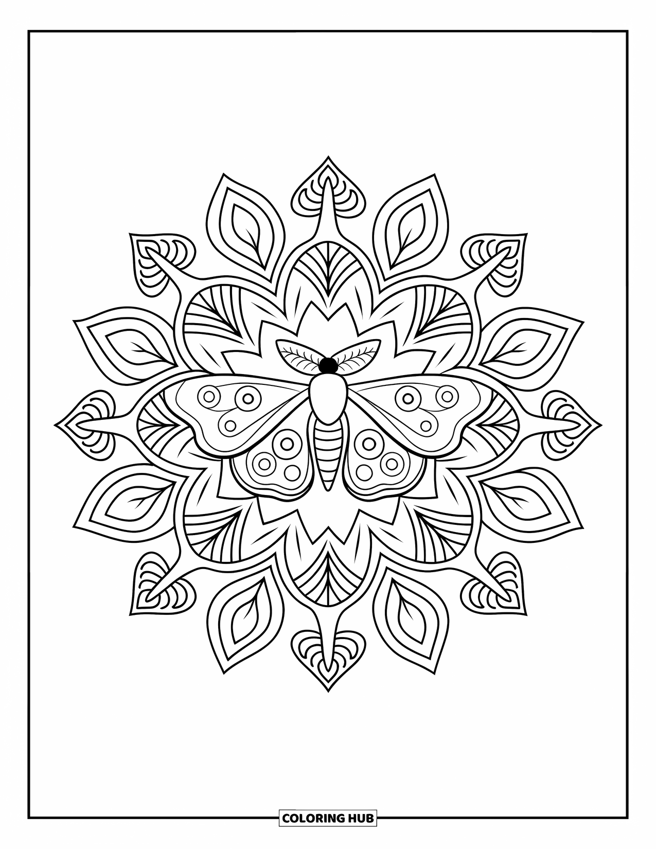 Moth Coloring Page for Adults: A moth rests in the center of a leafy mandala with elegant symmetrical designs