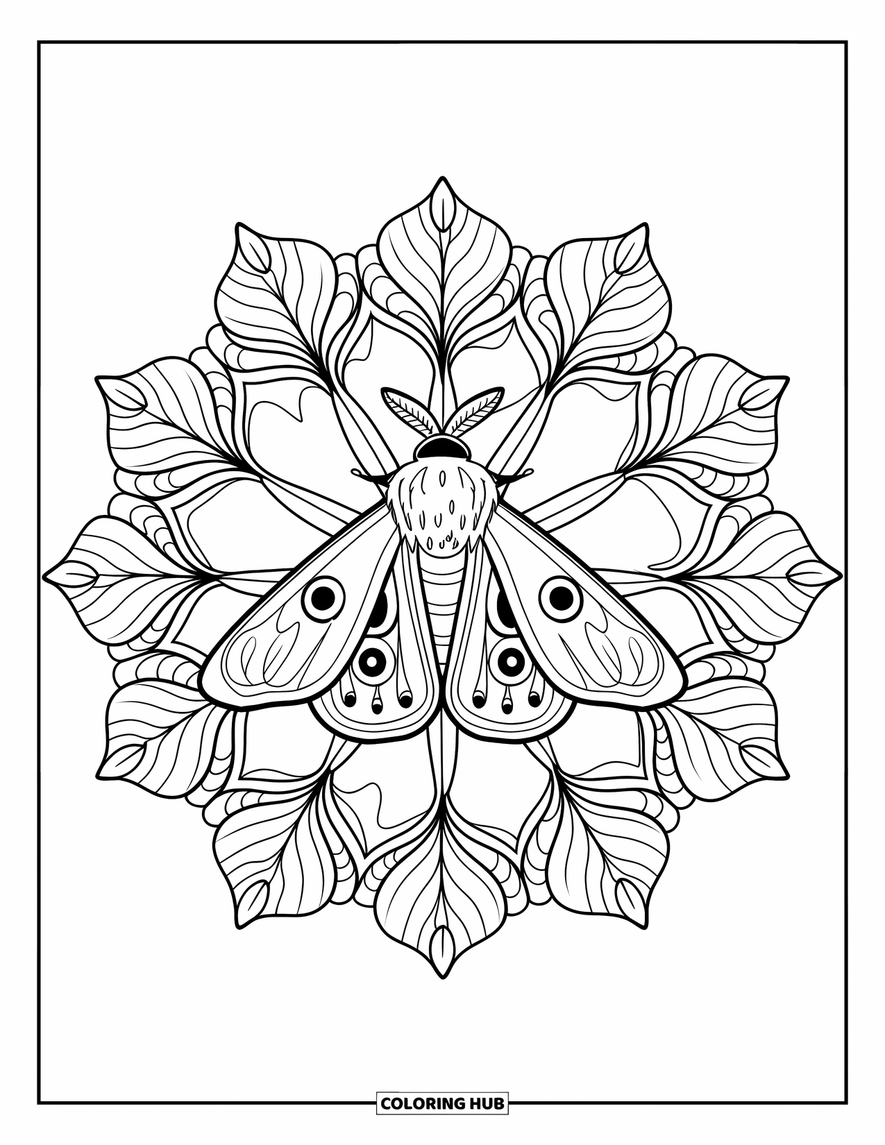 Moth Coloring Page for Adults: A moth sits at the heart of a leafy mandala filled with delicate details