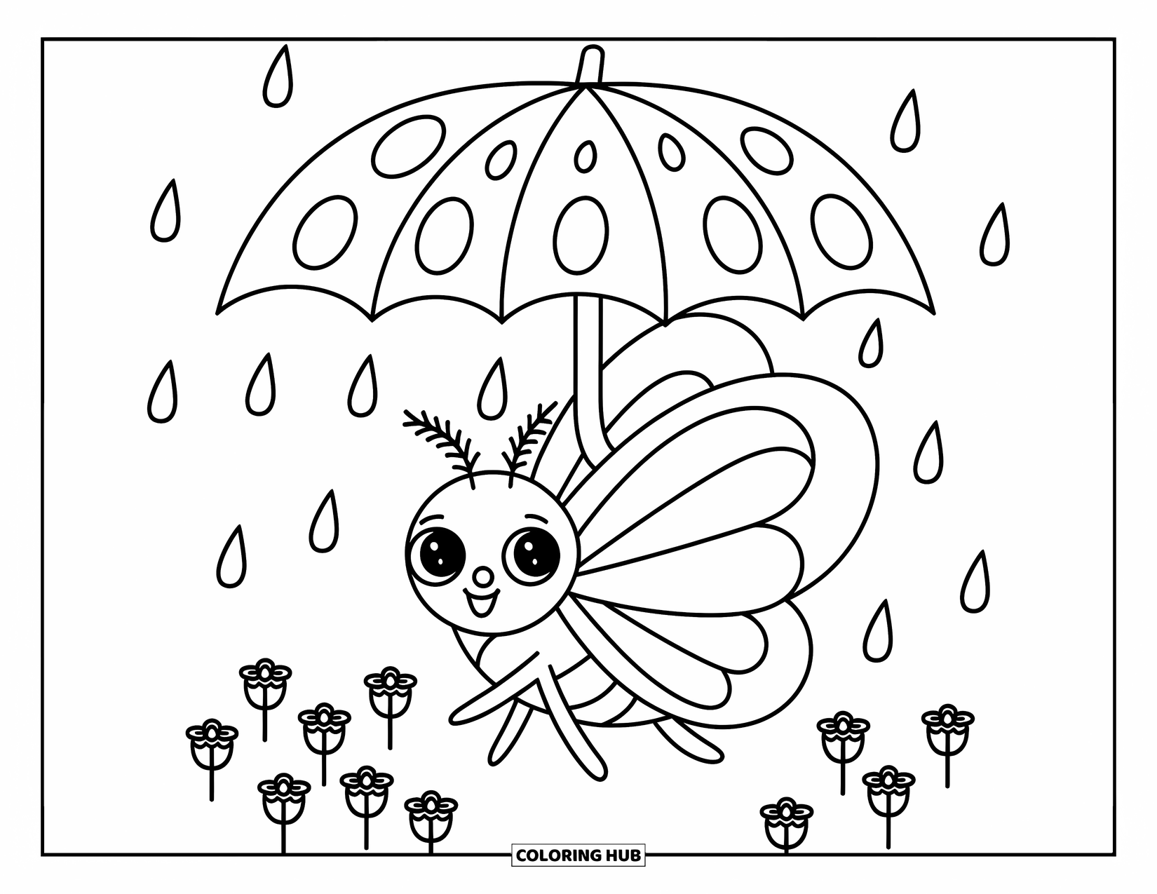 Moth Coloring Page for Adults: A moth walks under a leaf umbrella as rain gently pools in flower cups