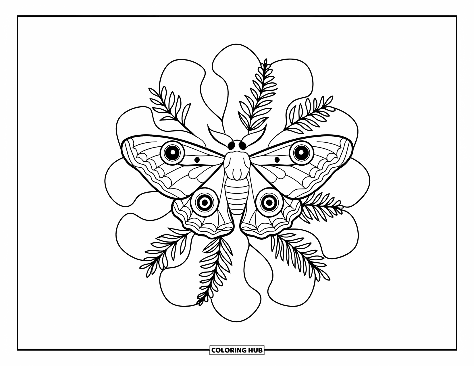 Moth Coloring Page for Adults: A patterned Atlas moth flies among stained glass shapes and leafy ferns