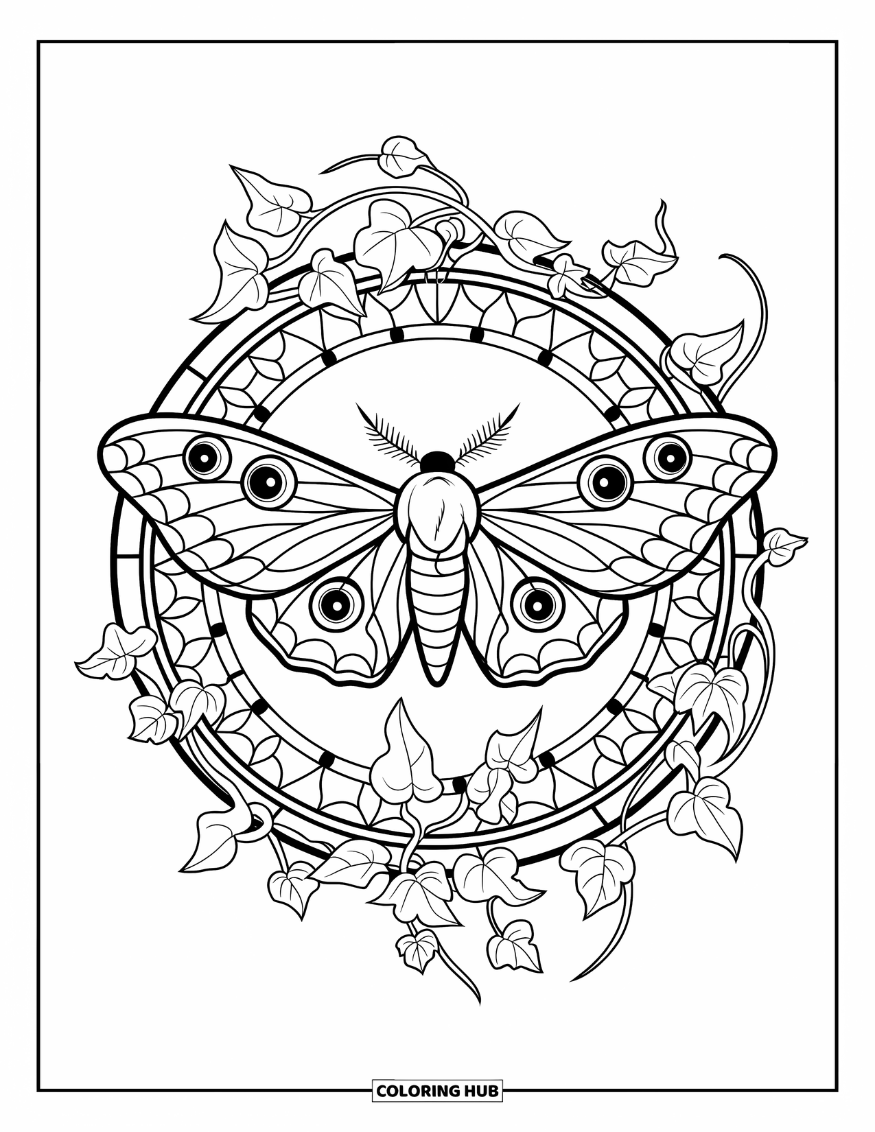 Moth Coloring Page for Adults: A patterned moth rests among stained glass panels and ivy swirls