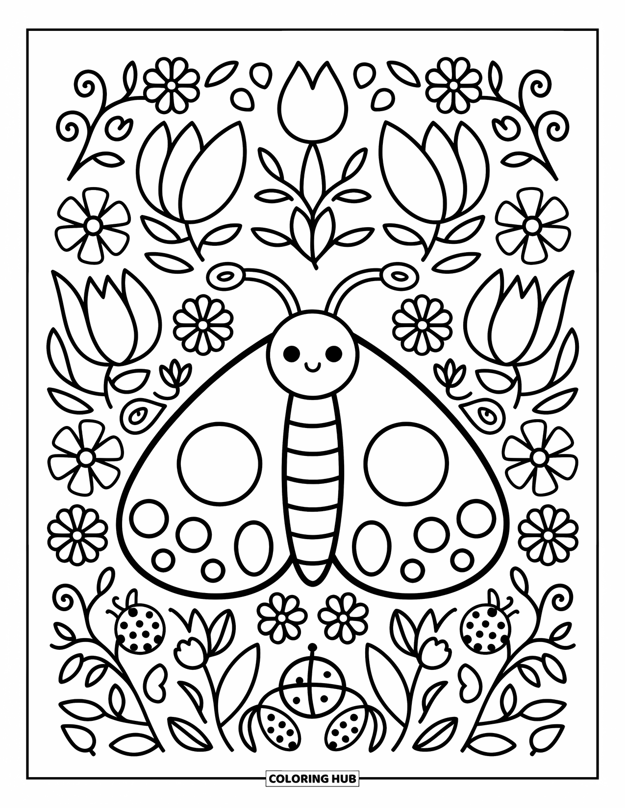 Moth Coloring Page for Adults: A shy moth rests in a cozy flower garden filled with petals and ladybugs