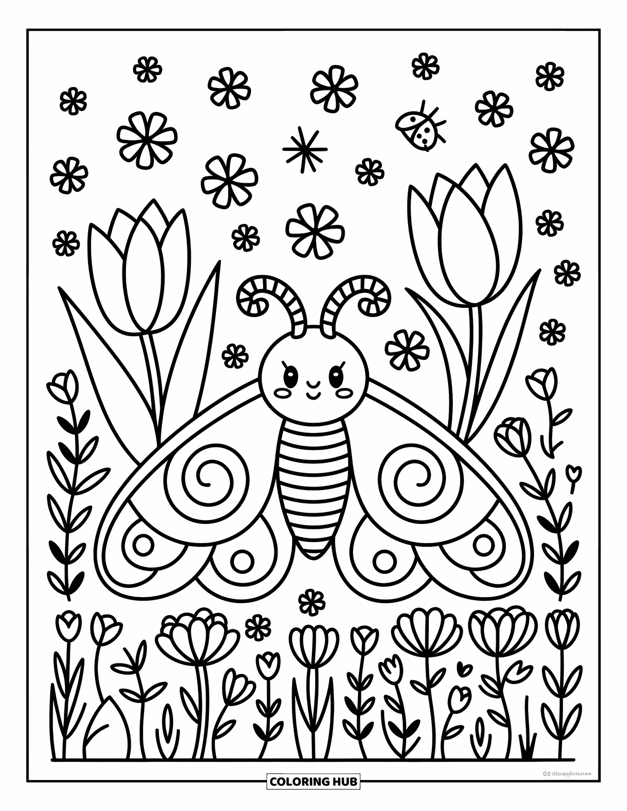Moth Coloring Page for Adults: A shy moth rests in a garden of tulips, daisies, and playful ladybugs