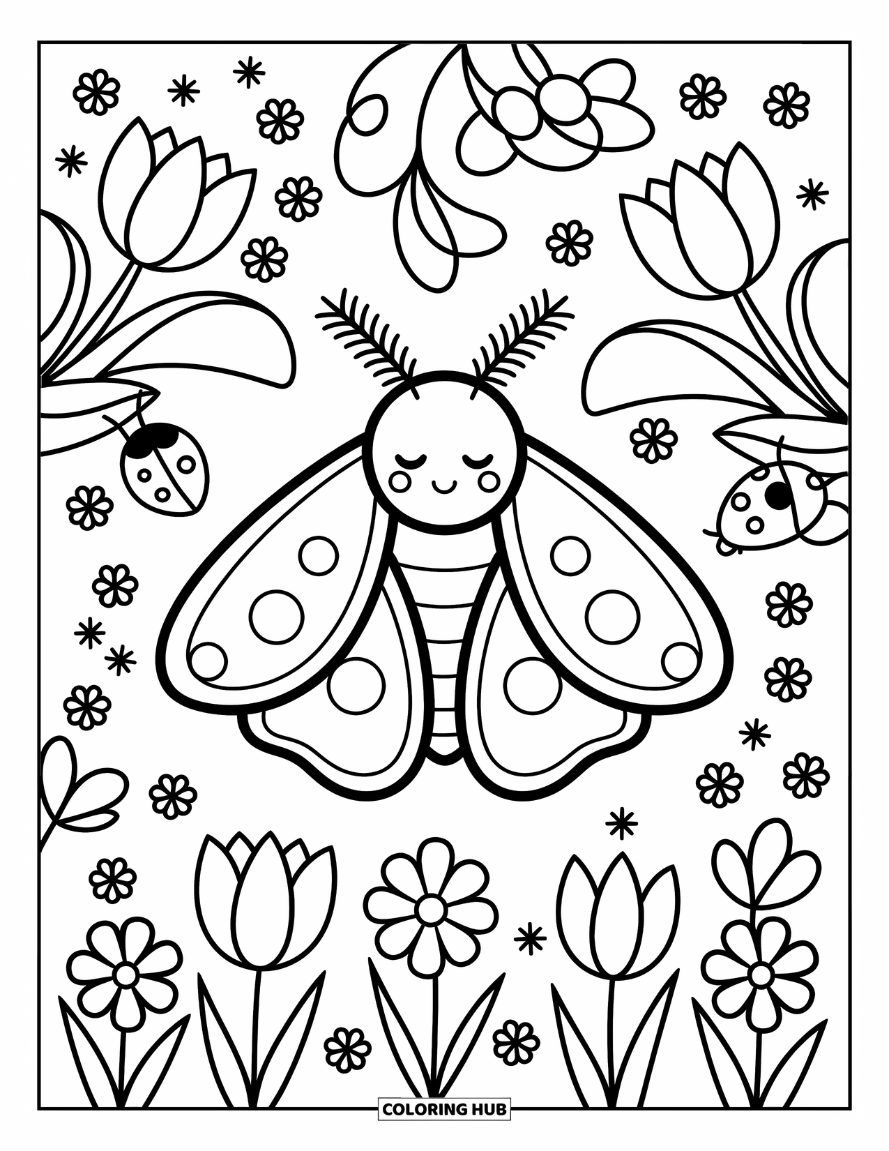 Moth Coloring Page for Adults: A sleepy moth sits among tulips and daisies with vines and tiny ladybugs
