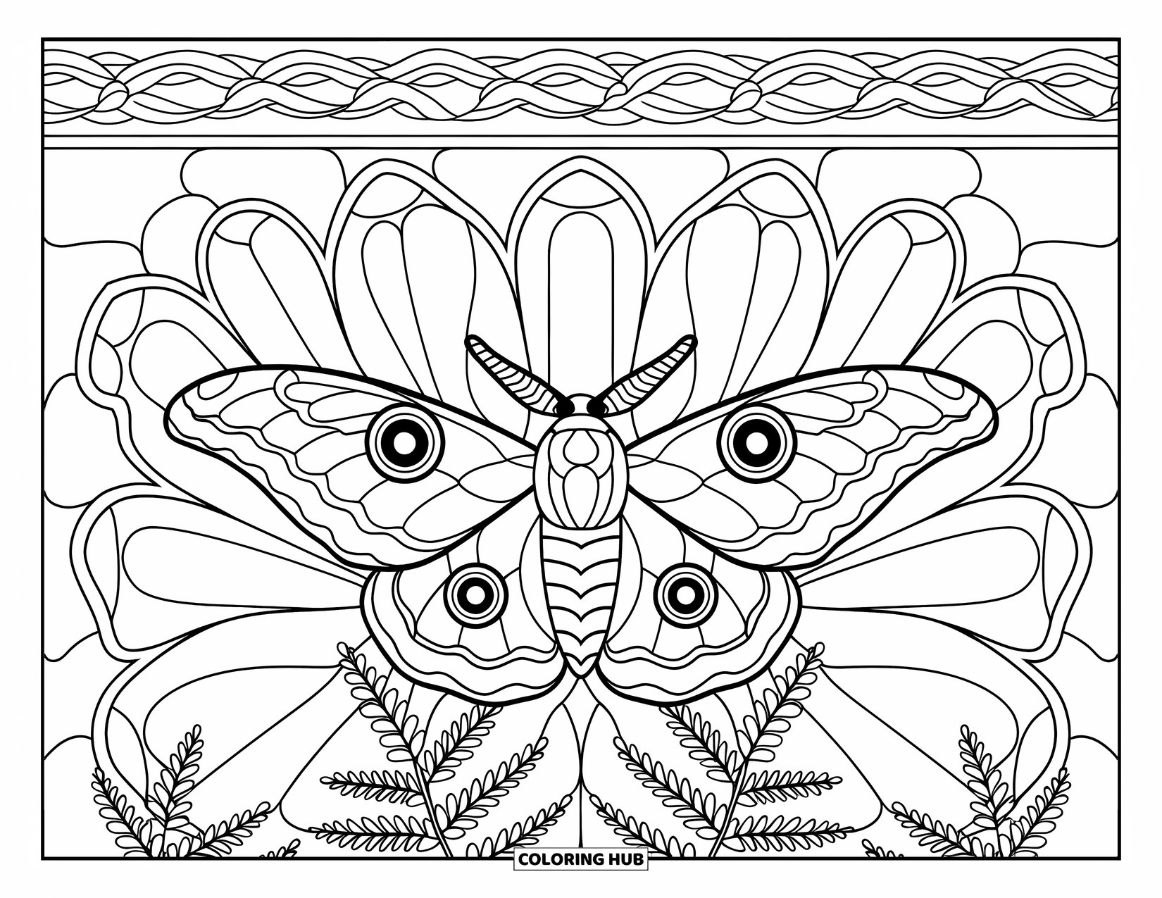 Moth Coloring Page for Adults: An Atlas moth soars in a floral stained glass frame with vines and leaves