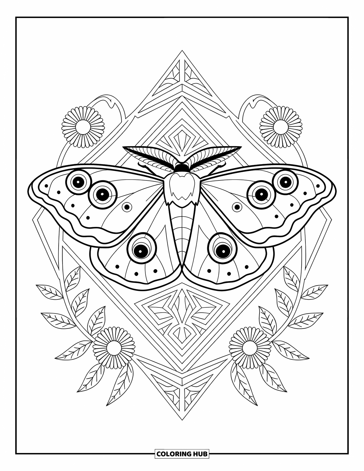 Moth Coloring Page for Adults: An Emperor moth stands regally among floral vines and geometric shapes