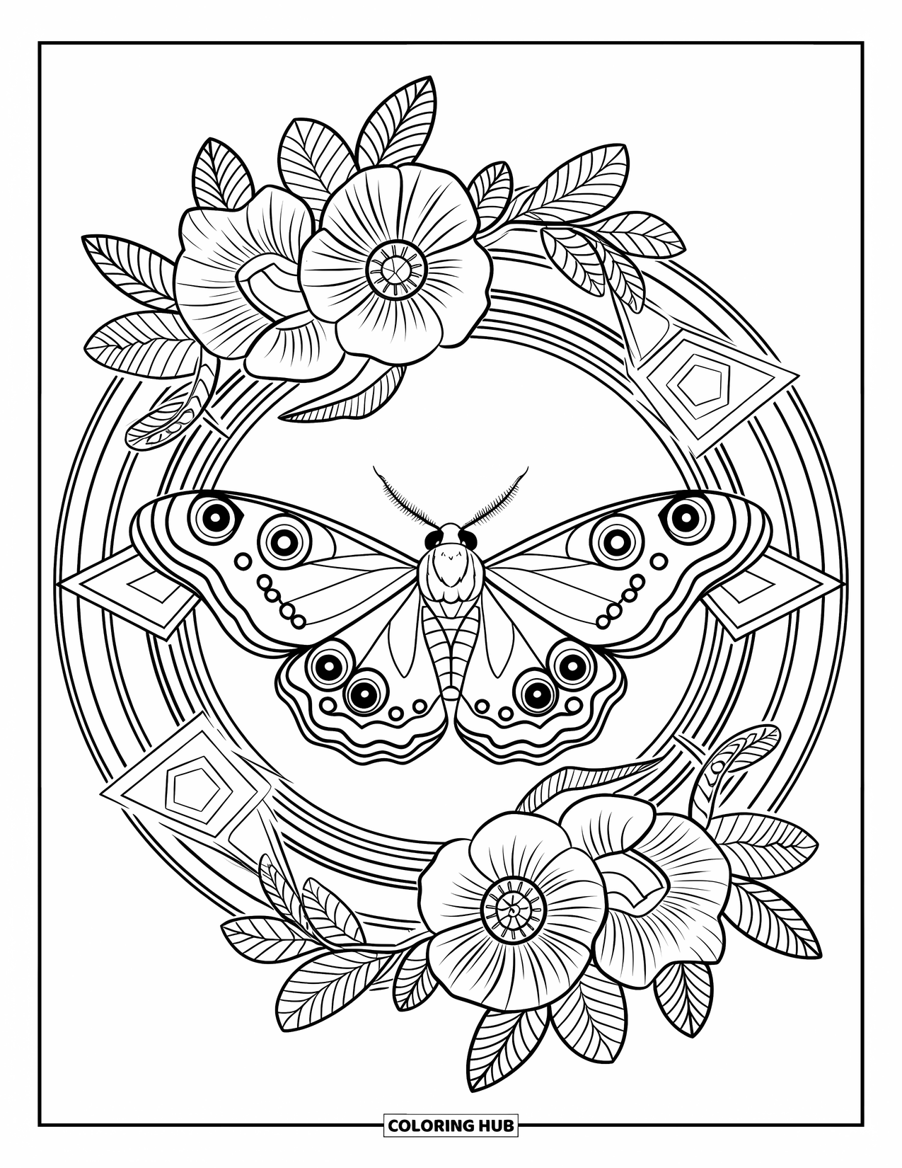 Moth Coloring Page for Adults: An Emperor moth with wide wings rests on a flowered vine with shapes around it