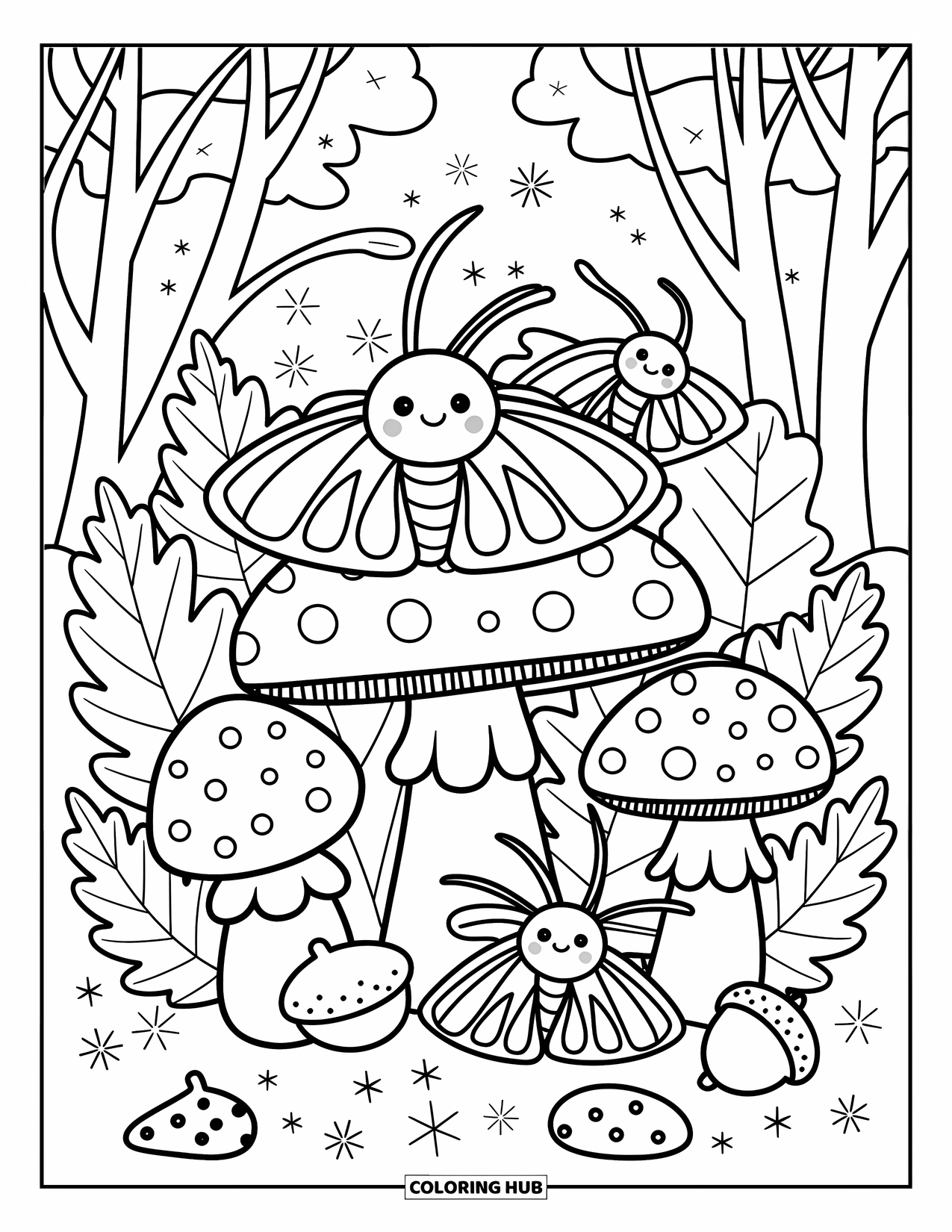 Moth Coloring Page for Adults: Three sleepy moths relax on mushrooms and ferns with sparkles and gentle wind swirls
