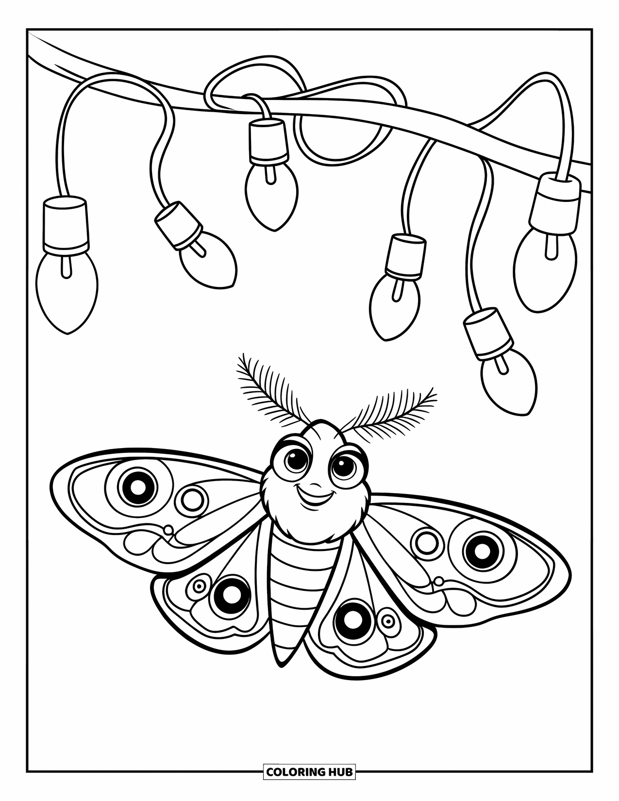 Moth Coloring Page for Kids: A big-eyed moth flies through fairy lights hanging from a leafy branch