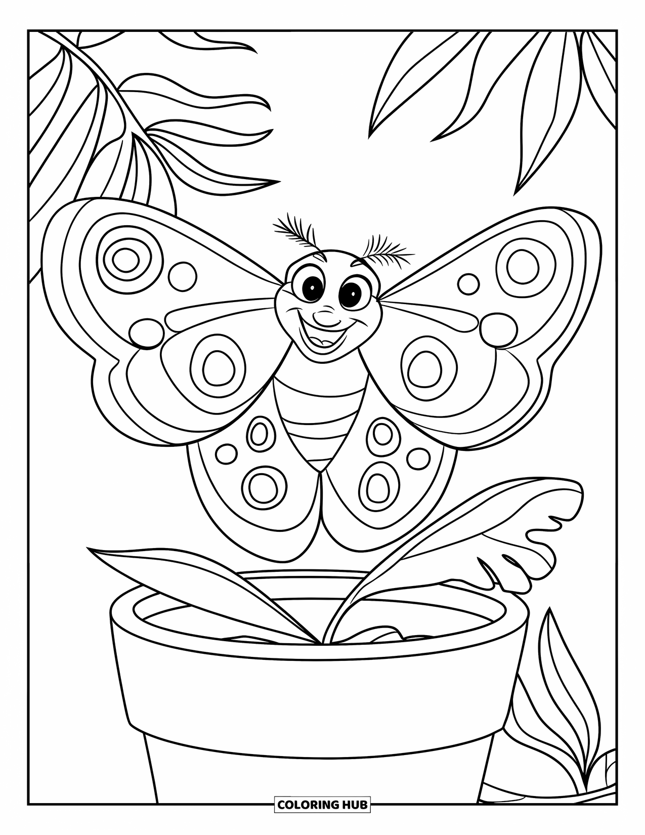 Moth Coloring Page for Kids: A cheerful moth flies around a pot filled with big leaves
