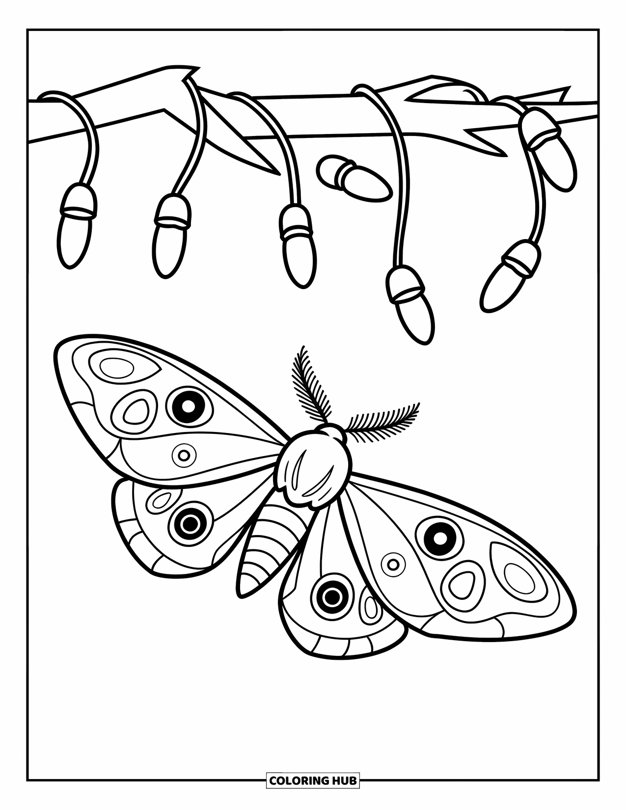 Moth Coloring Page for Kids: A delicate moth hovers under fairy lights wrapped around a tree branch