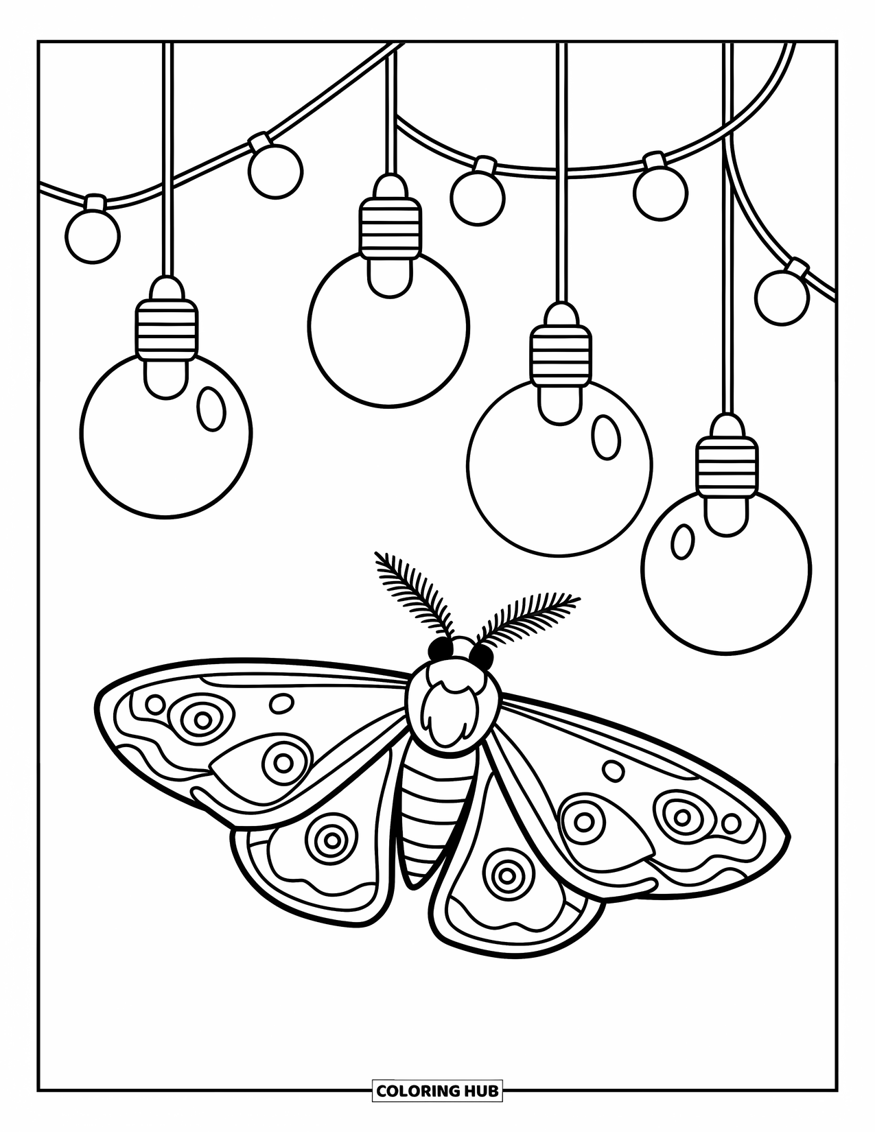 Moth Coloring Page for Kids: A moth flutters beneath glowing fairy lights in a clean, simple scene