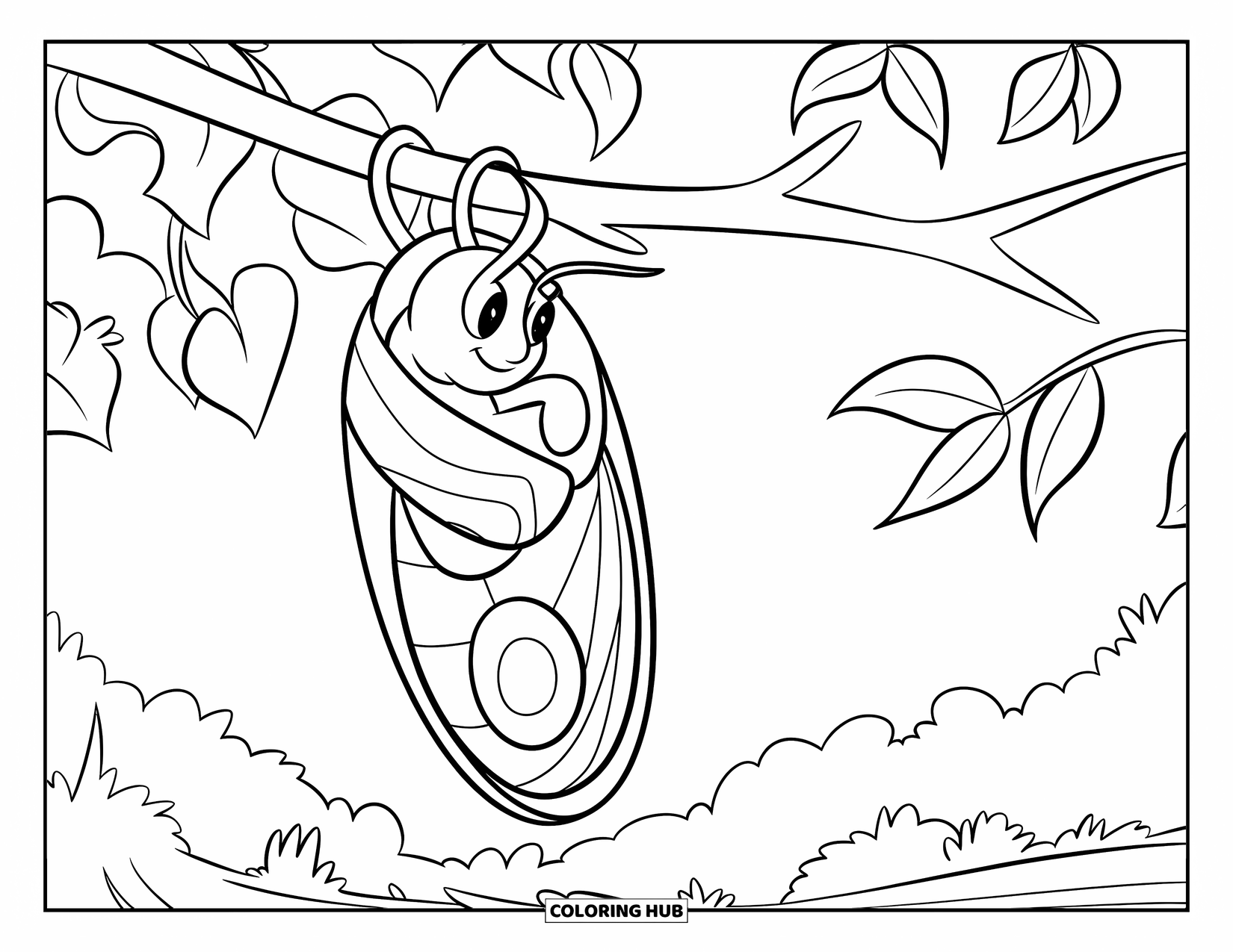 Moth Coloring Page for Kids: A moth peeks from a hanging cocoon surrounded by leaves and sky