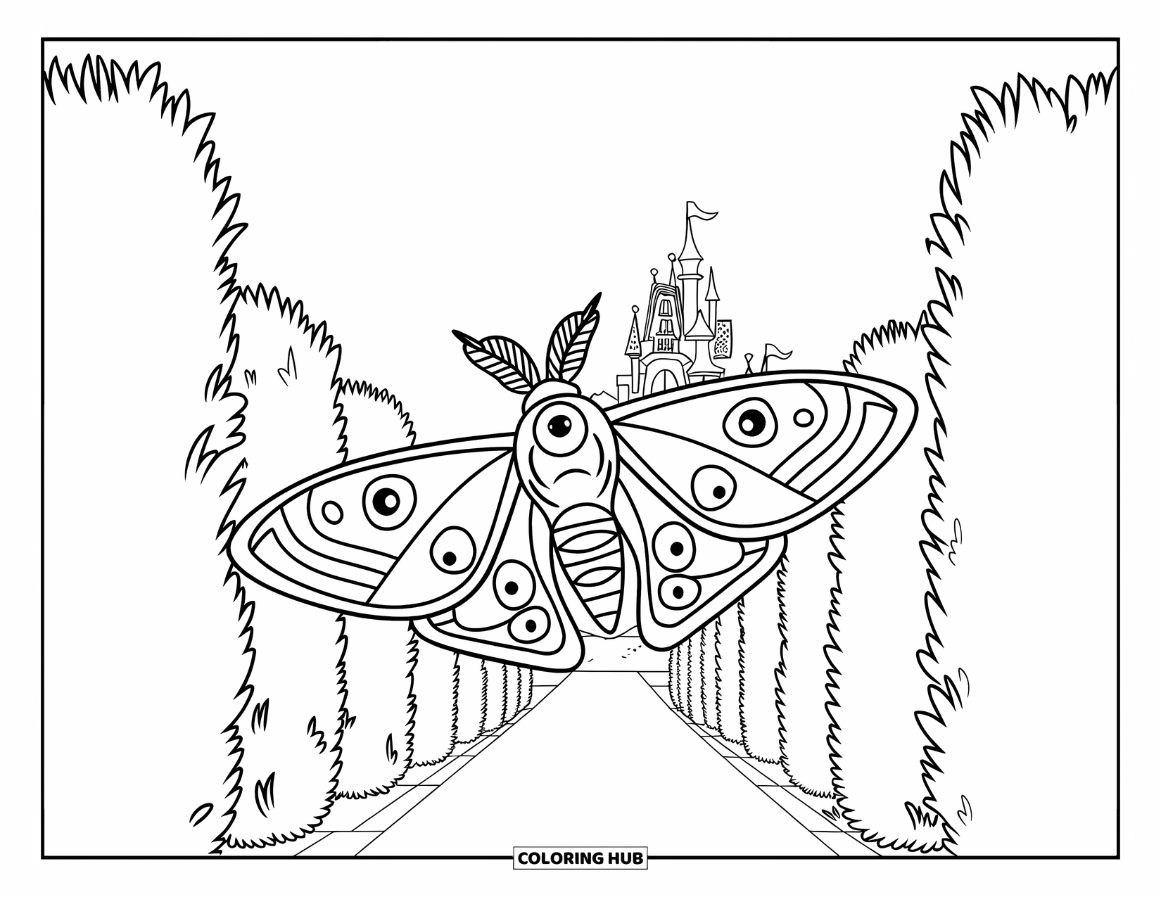 Moth Coloring Page for Kids: A moth soars through tall garden hedges with a castle peeking in the distance