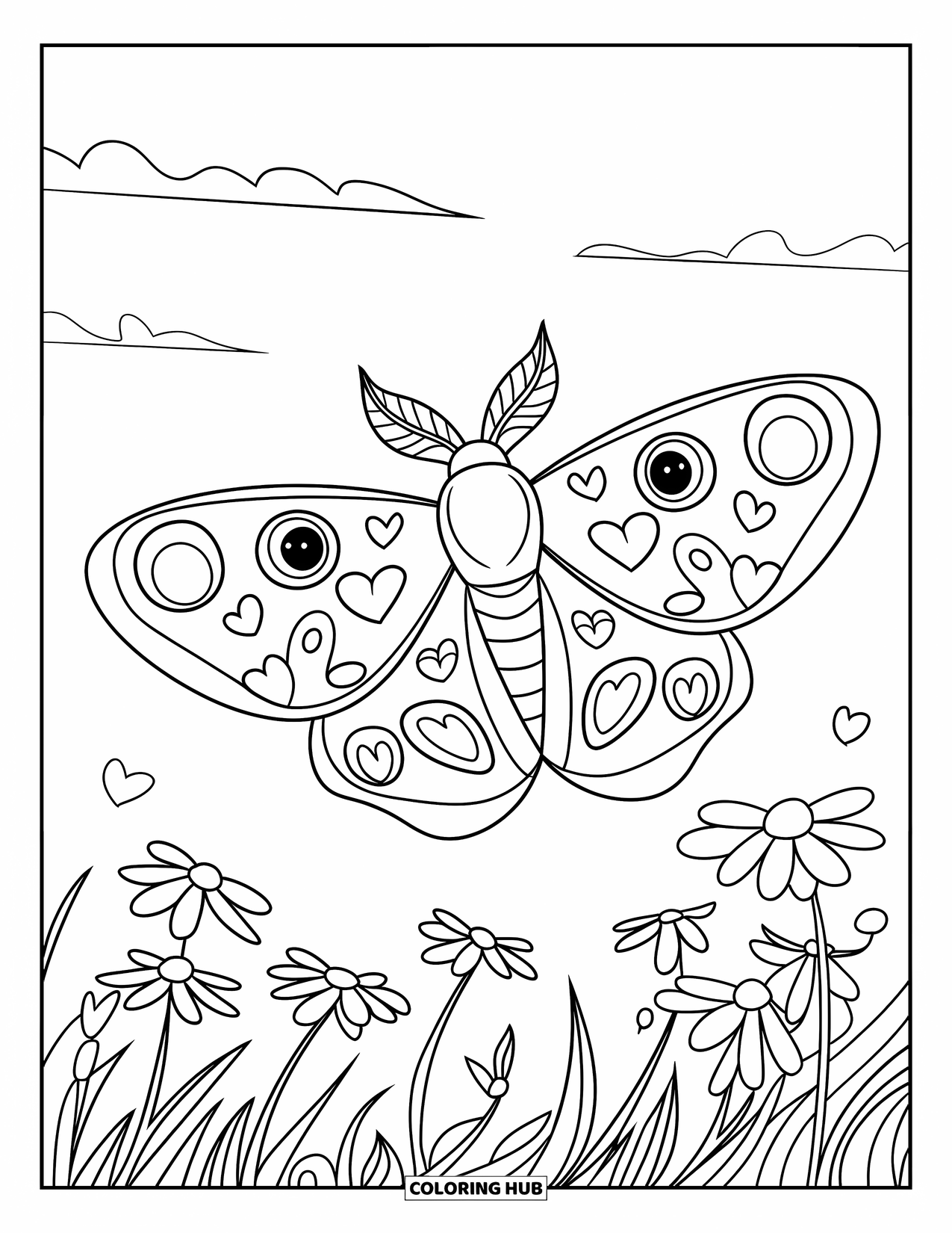 Moth Coloring Page for Kids: A moth with heart wings flies over a flowery field and clear sky